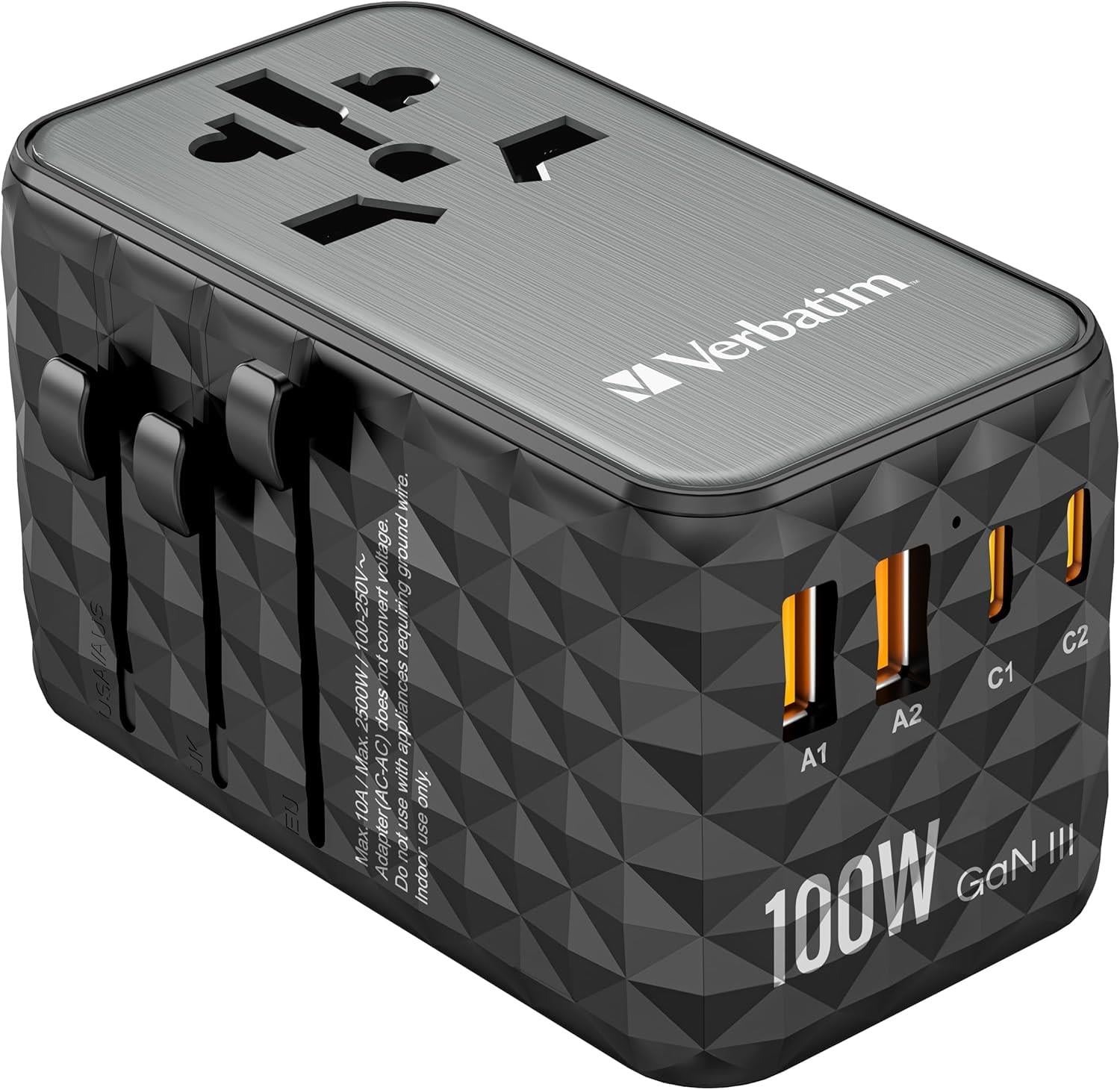 Verbatim UTA-06 GaN III 2X USB-C, W128807223 ile Evrensel Seyahat Adaptörü (2X USB-C PD 100W ve QC 4+ / 2X USB-A QC 3.0 ile Seyahat Adaptörü)