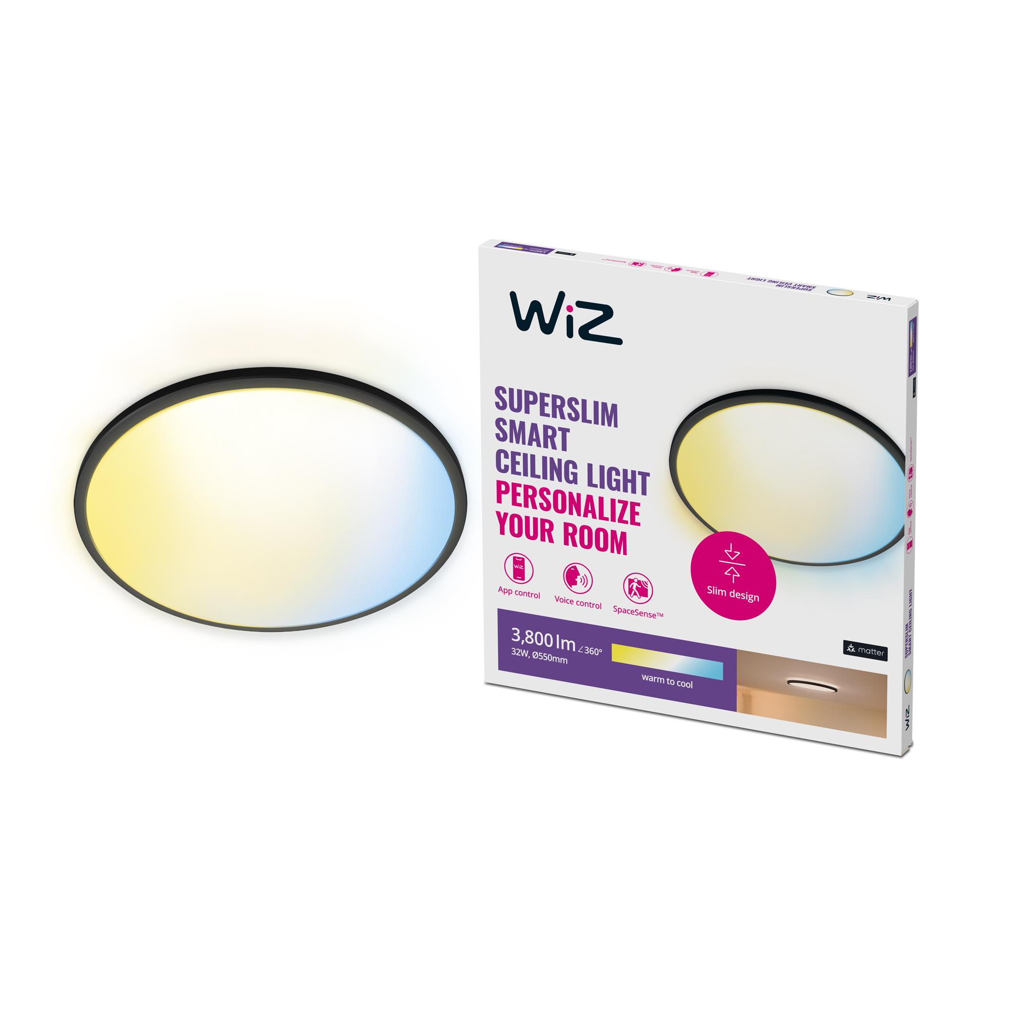 Wiz SuperSlim 32W Siyah Sıva Üstü RGB Akıllı LED Yuvarlak Panel Tavan Armatürü 55 cm çapında 3750 Lumen