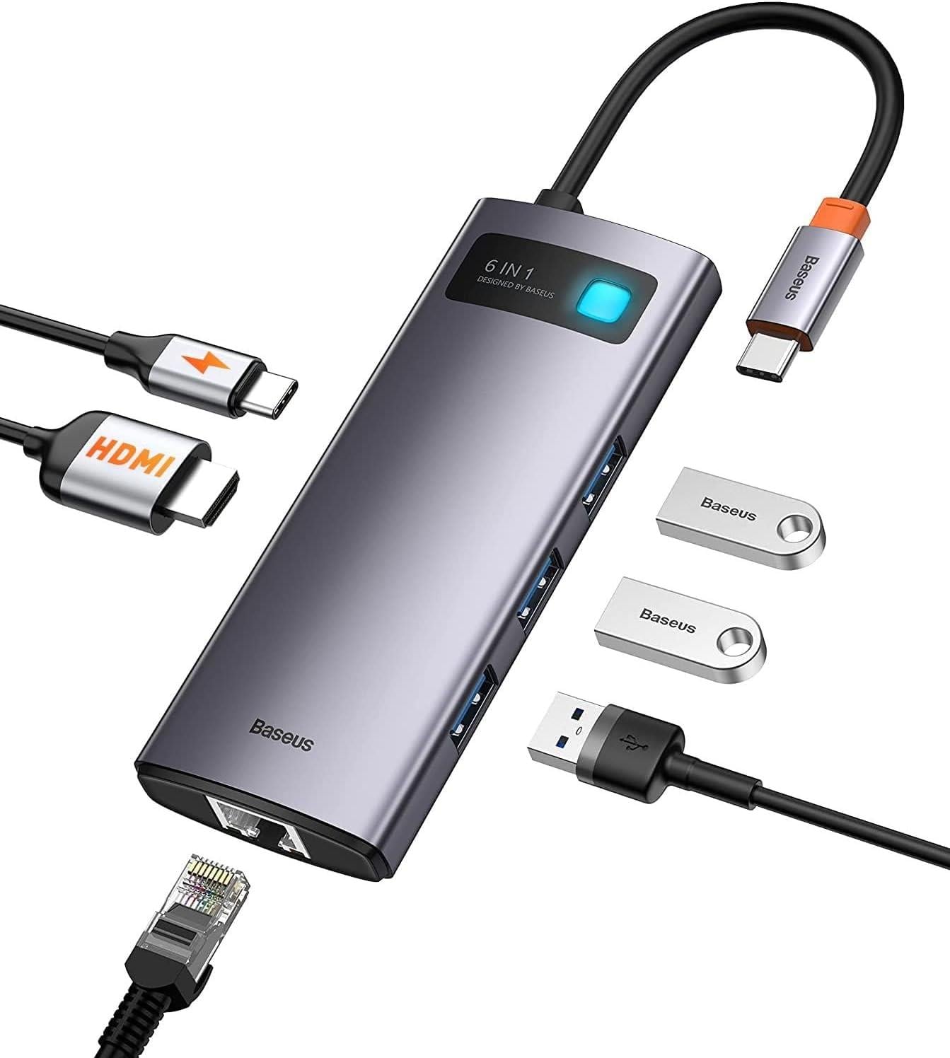 Baseus Metal Gleam 6 in 1 Multifonksiyonal Type-C Hub Dock Station - Gri