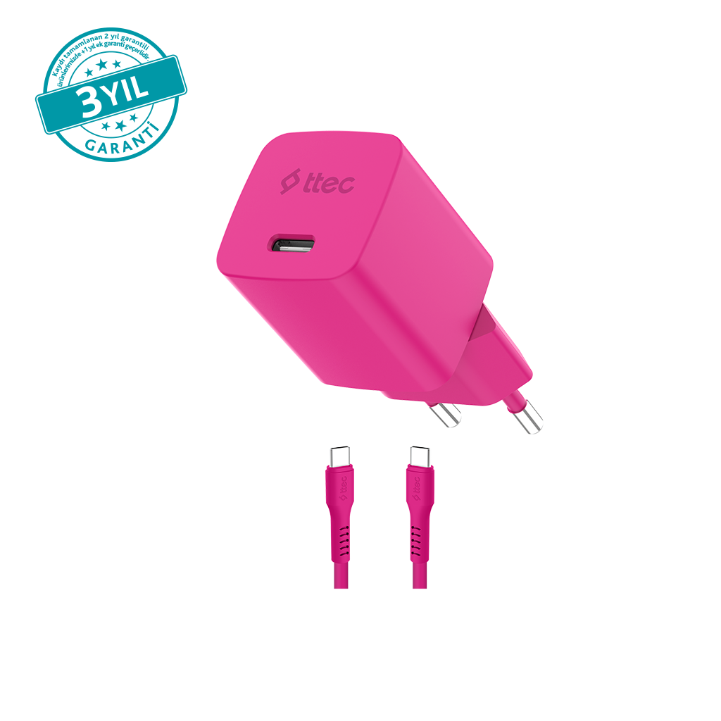 ttec SmartCharger GAN 45W AVS PD Seyahat Hızlı Şarj Aleti + USB-C - USB-C 3A Kablo Neon Neon Pembe