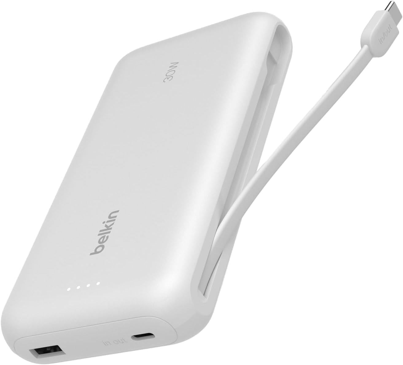 Belkin BoostCharge 20.000mAh Entegre Kablolu 30W Hızlı Şarj Powerbank, Beyaz