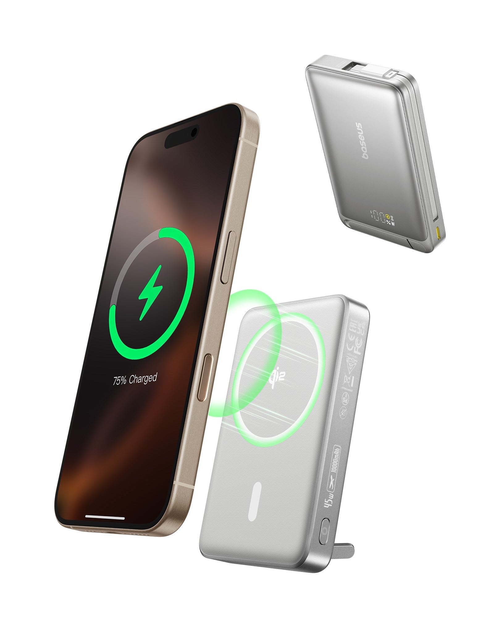 Baseus Nomos 3'ü 1 arada 10000mAh Power Bank - Qi2 15W Kablosuz Şarj, 45W Dahili Çift Yönlü Hızlı Şarj Kablolu, Gri
