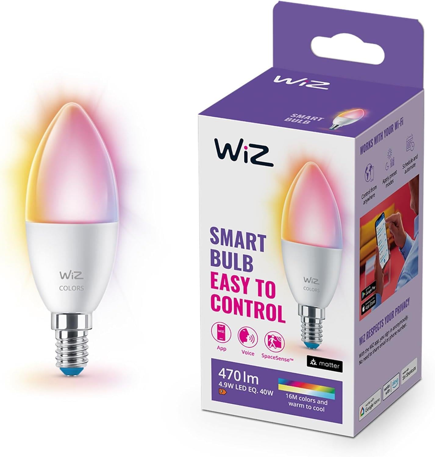 WİZ Wi-Fi 40W Renkli Akıllı Mum Tipi Ampul C37 E14