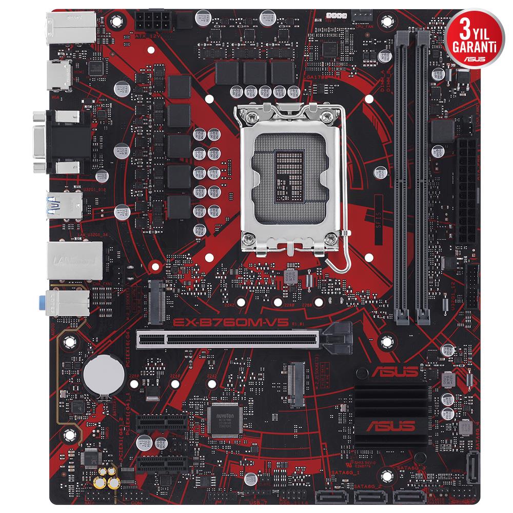 ASUS MB EX-B760M-V5 INTEL B760 LGA1700 DDR5 8000 HDMI VGA CIFT M2 USB3.2 2.5Gbit LAN mATX ASUS 5X PROTECTION III ASUS ICAFE LABS SERTIFIKALI