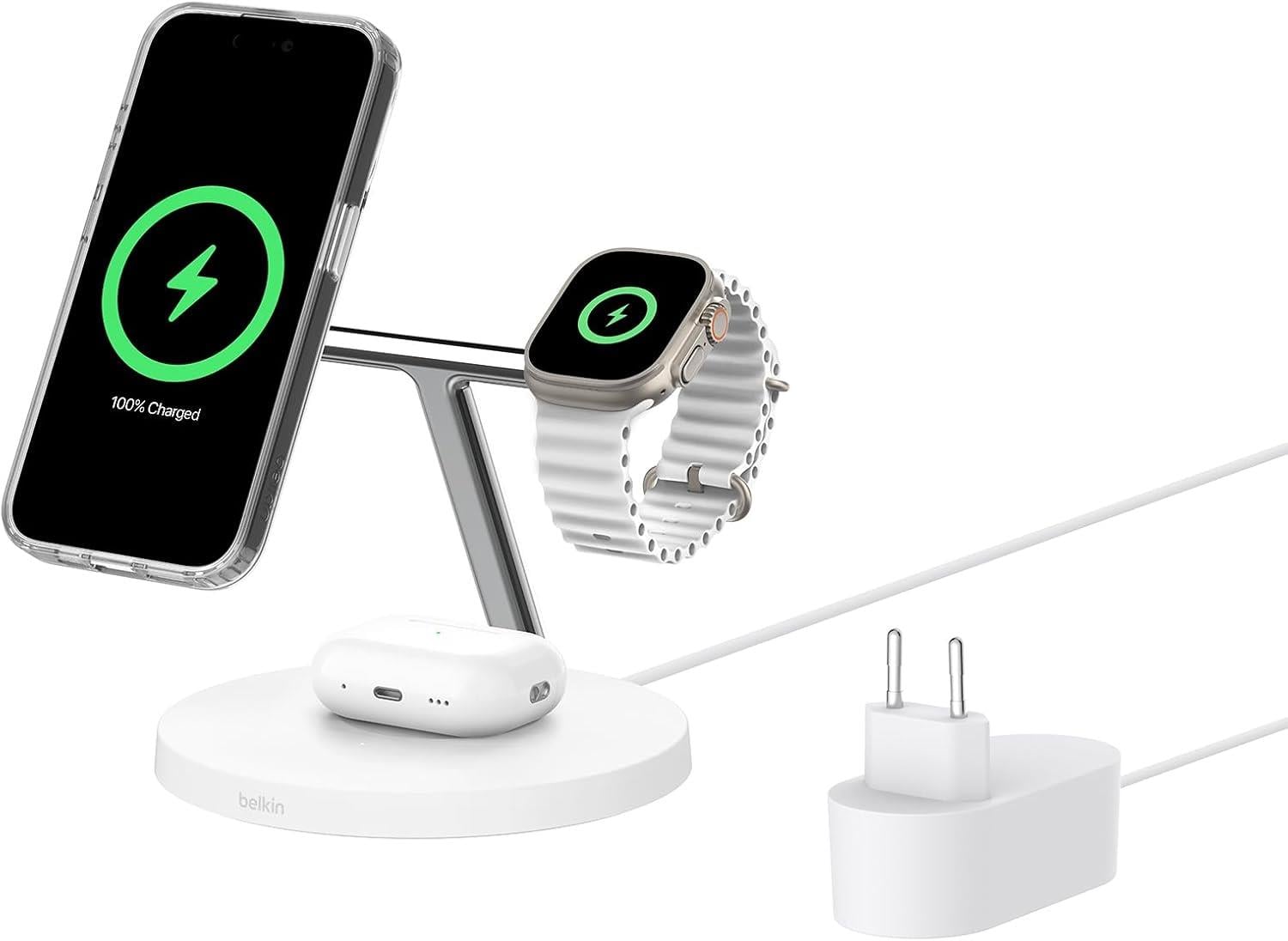 Belkin BoostCharge 3'ü 1 Arada, Qi2 MagSafe Kablosuz Şarj İstasyonu, Beyaz