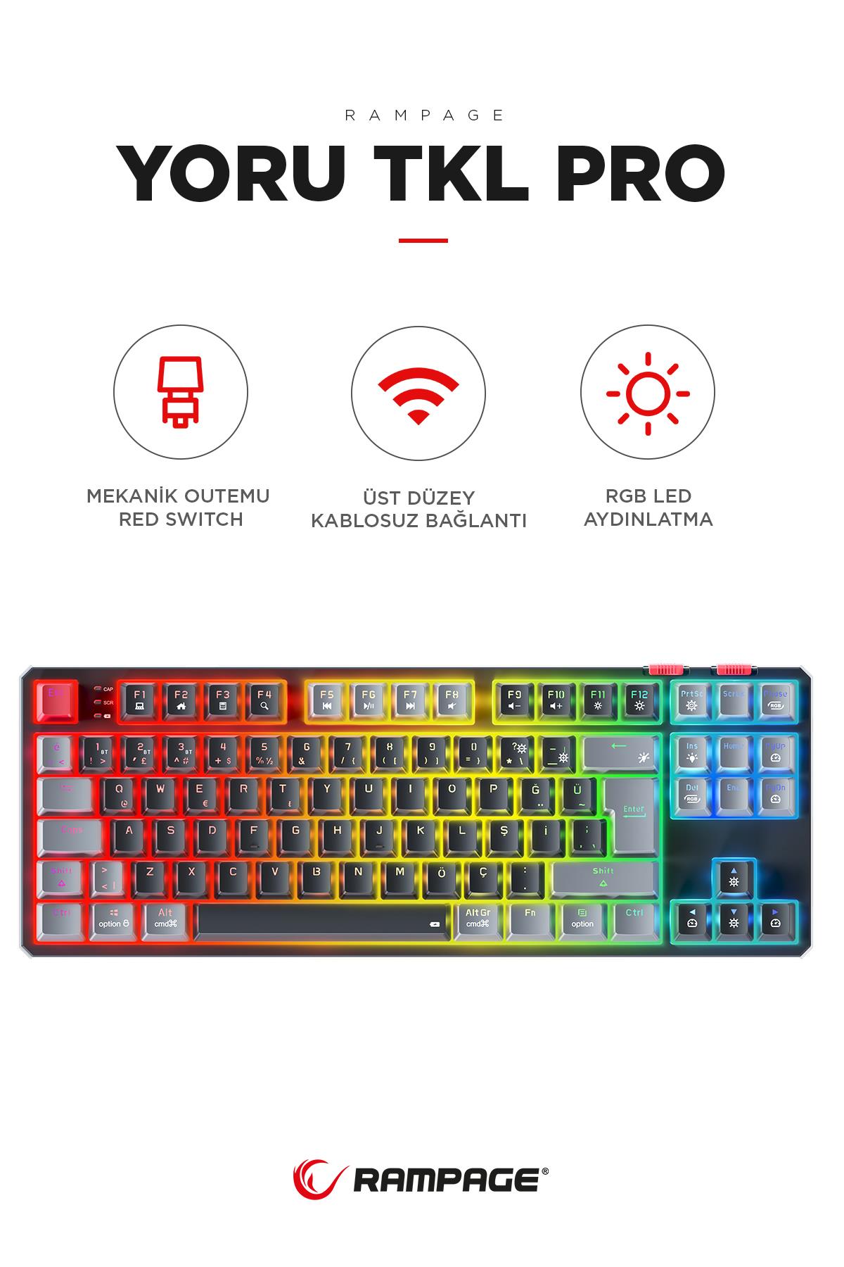 Rampage YORU TKL PRO Siyah/Gri 2.4ghz+BT5.0+Type-C 5 Bağlantı OUTEMU Red Swich Q Mekanik Gaming Oyuncu Klavye RGB
