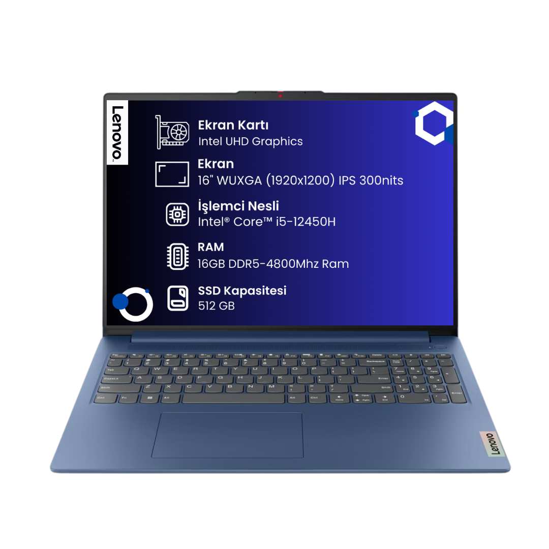 Lenovo IdeaPad Slim 3 16IAH8 Intel Core i5 12450H 16GB 512GB SSD 16'' WUXGA (1920x1200) IPS Panel Freedos Taşınabilir Bilgisayar 83ES002GTR