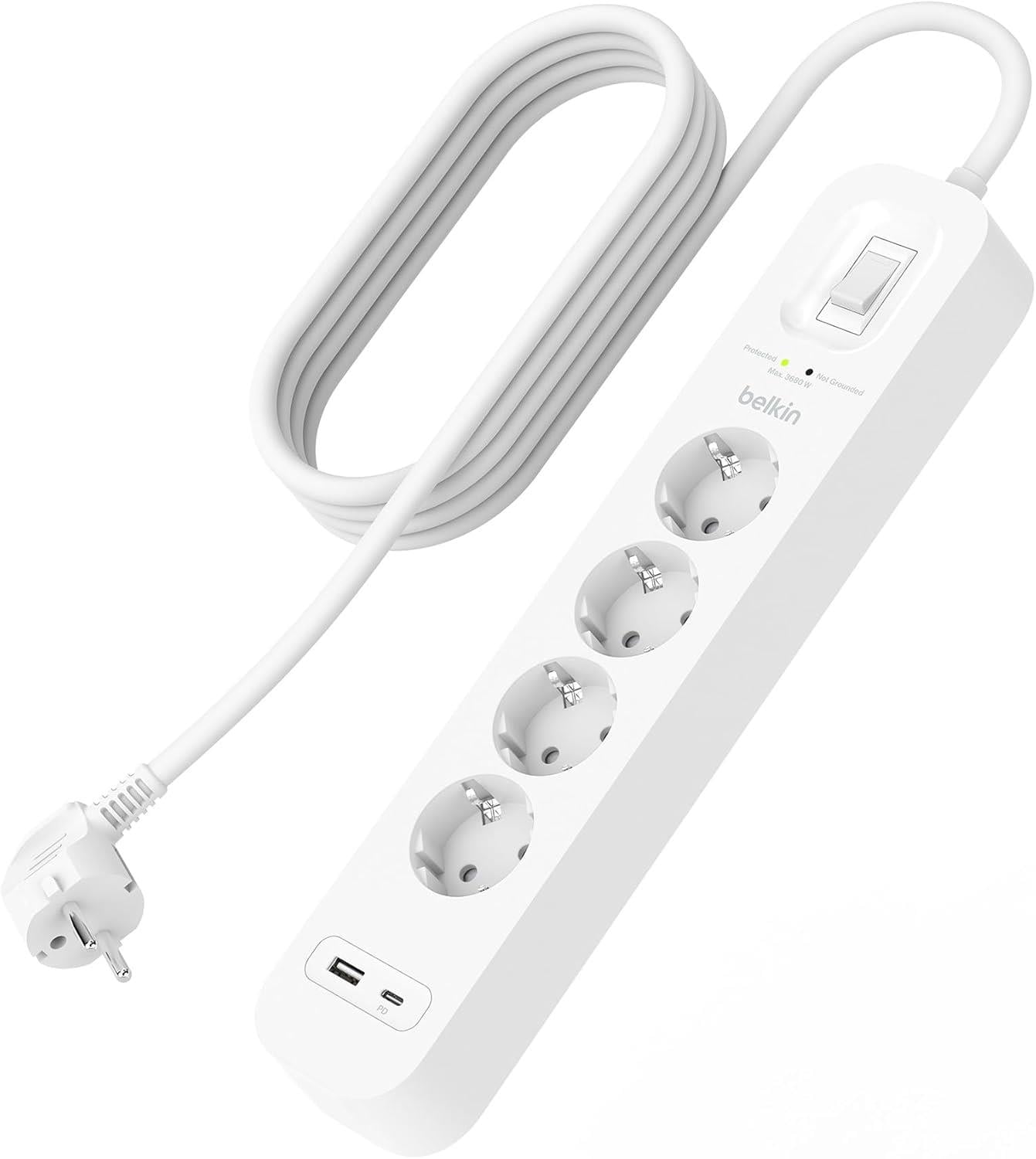 Belkin 4'lü Yüksek Gerilim Korumalı Çoklu Priz, Hızlı şarj için USB C PD'li USB-C ve USB-A, 525 jul koruma 2m, Beyaz