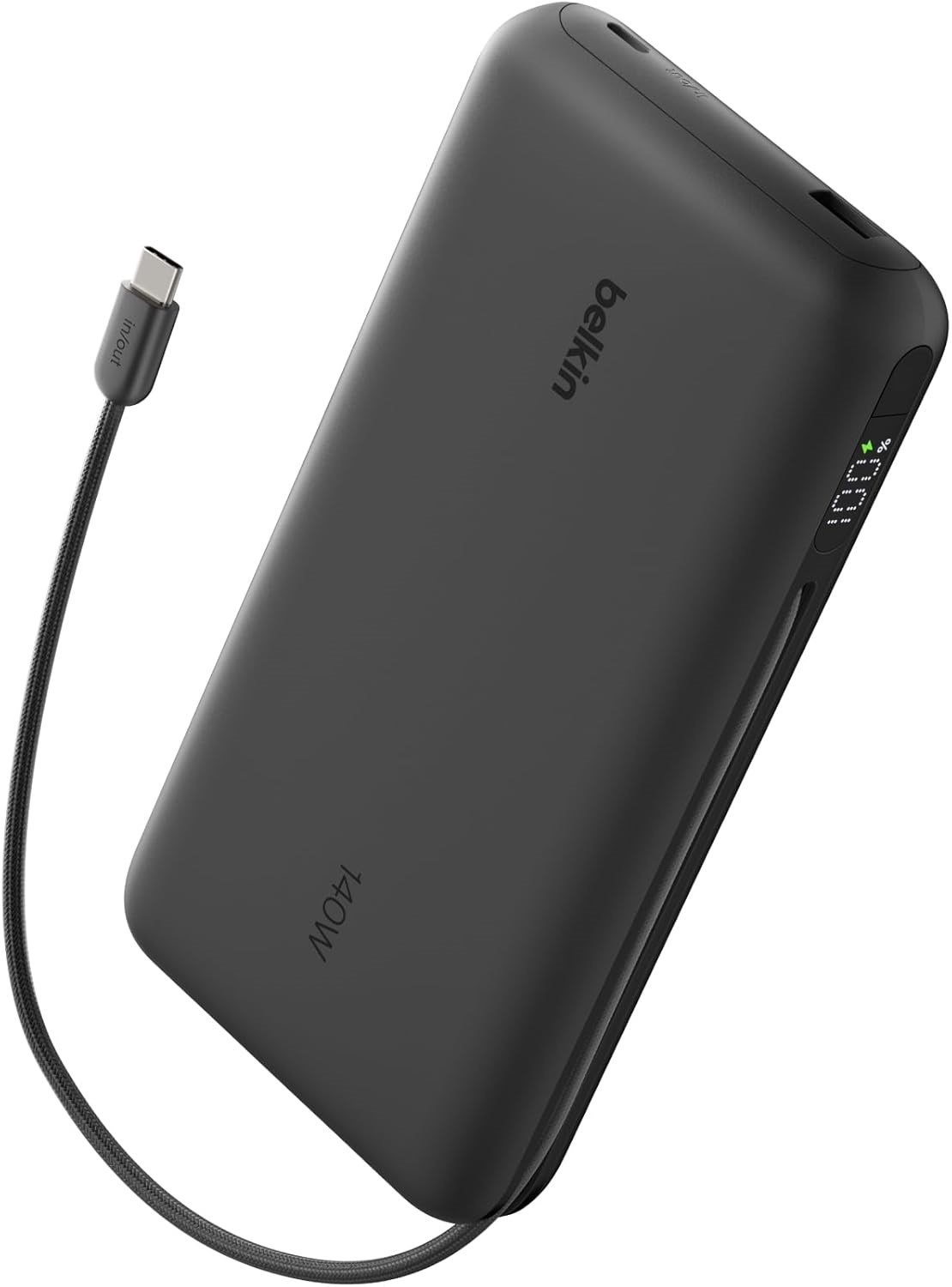 Belkin UltraCharge Pro 25000 mAh Dijital Ekranlı, 1 x USB-C Bağlantı Noktası + Entegre Kablo, 1 x USB-A, 158 W PD, Powerbank