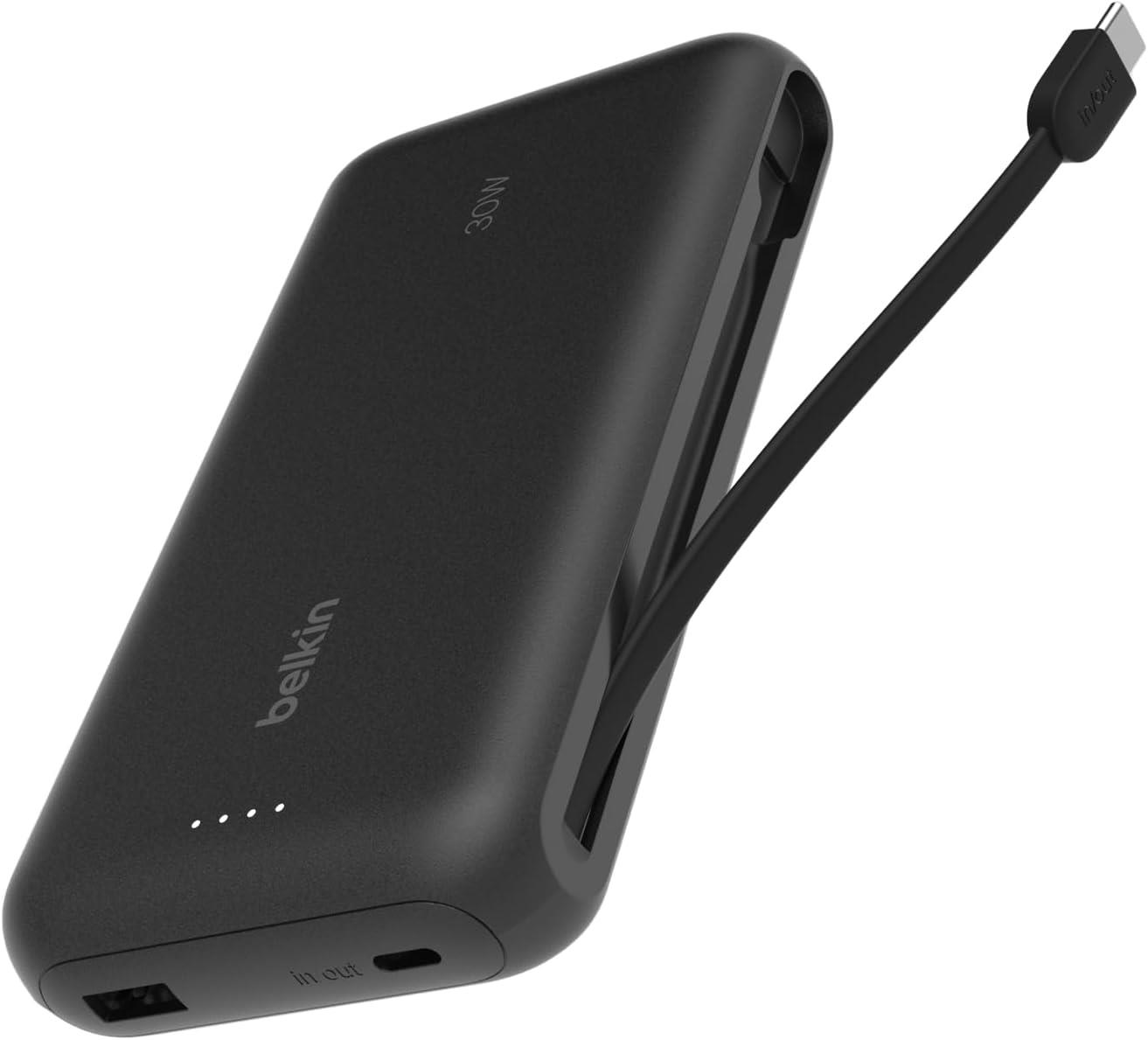 Belkin BoostCharge Powerbank, 20K Entegre Kablolu Taşınabilir Güç Kaynağı, 30 W Güç İletimli Hızlı Şarj, USB-C, Siyah