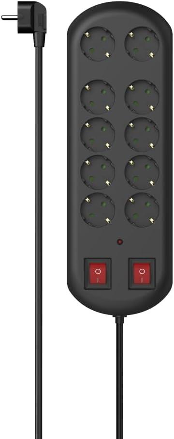 Hama 10'lu Akım Korumalı Priz, 2 switches, 2m, Siyah