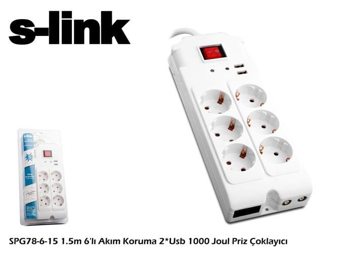 S-link SPG78-6-15 1.5m 6lı Akım Kor.2*Usb 1000Joul Priz Çoklayıcı