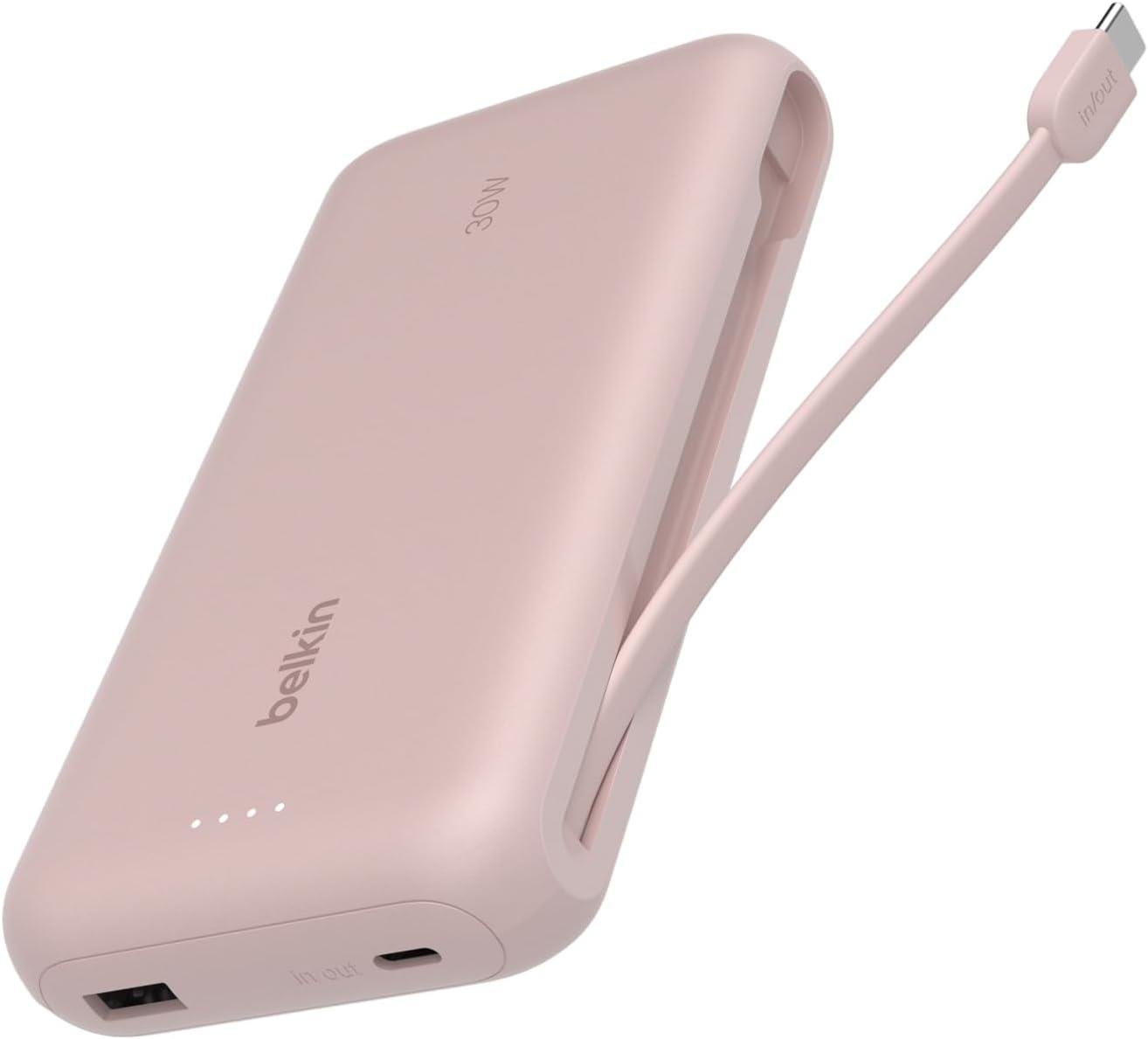 Belkin BoostCharge Powerbank, 20K Entegre Kablolu Taşınabilir Güç Kaynağı, 30 W Güç İletimli Hızlı Şarj, USB-C, Pembe