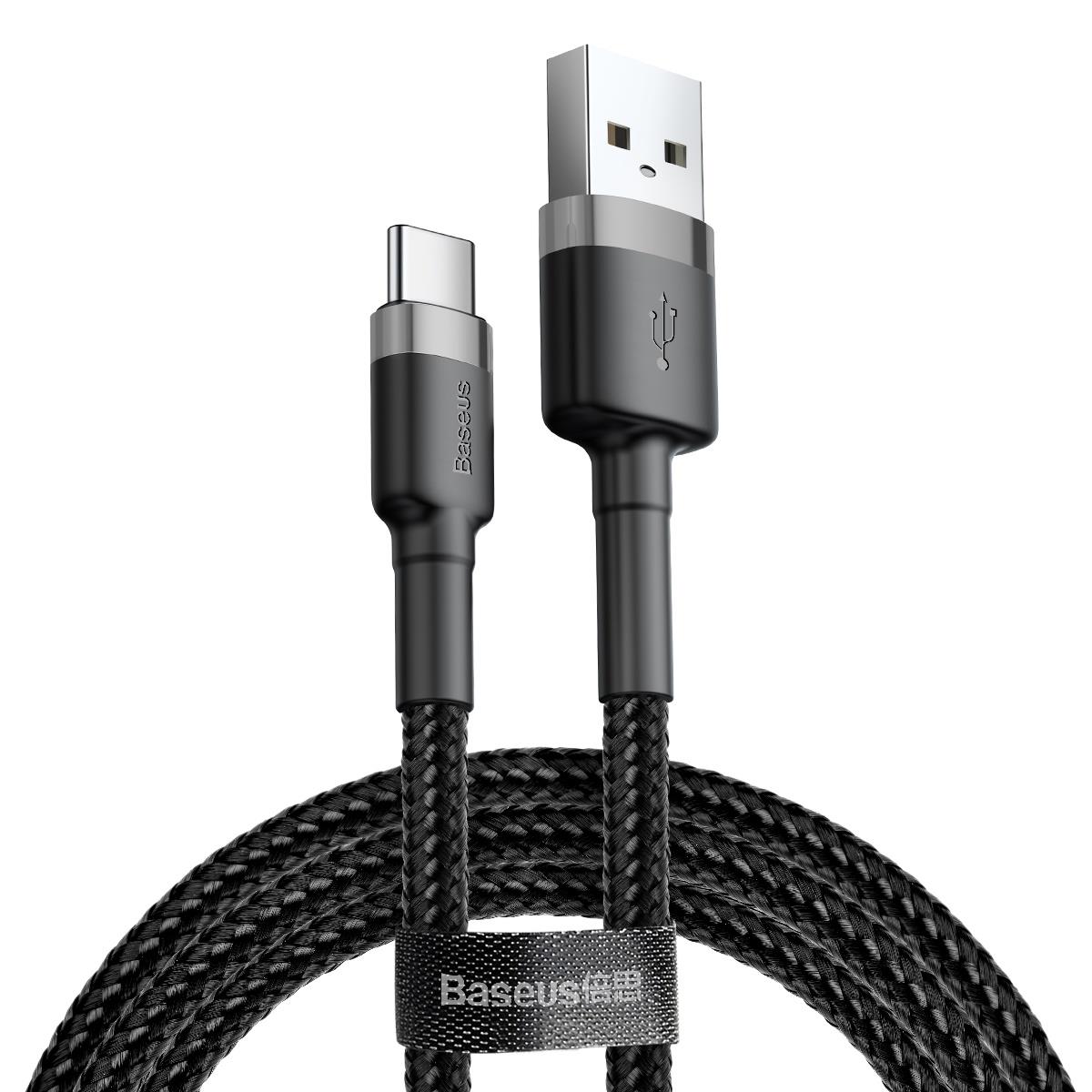 Baseus Cafule Şarj & Data Aktarım Kablosu, Gri - Siyah, 0.5m, 3 A, USB Kablo,USB A & USB-C CATKLF-A1