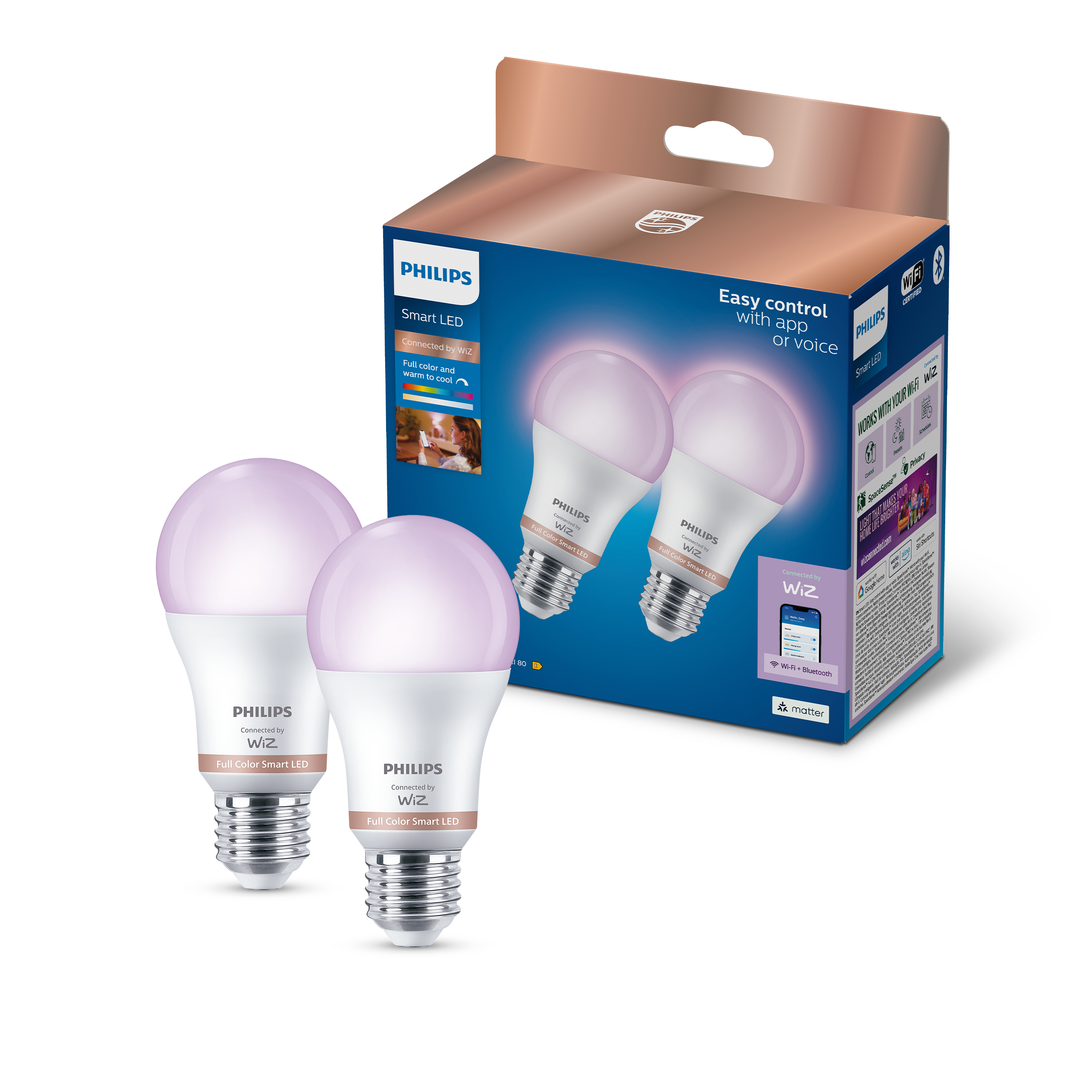Philips Smart Lighting LED Ampul A60 E27 100W Eşdeğer RGB 2'li Paket - Google Home, Alexa, HomeKit ve Matter uyumlu