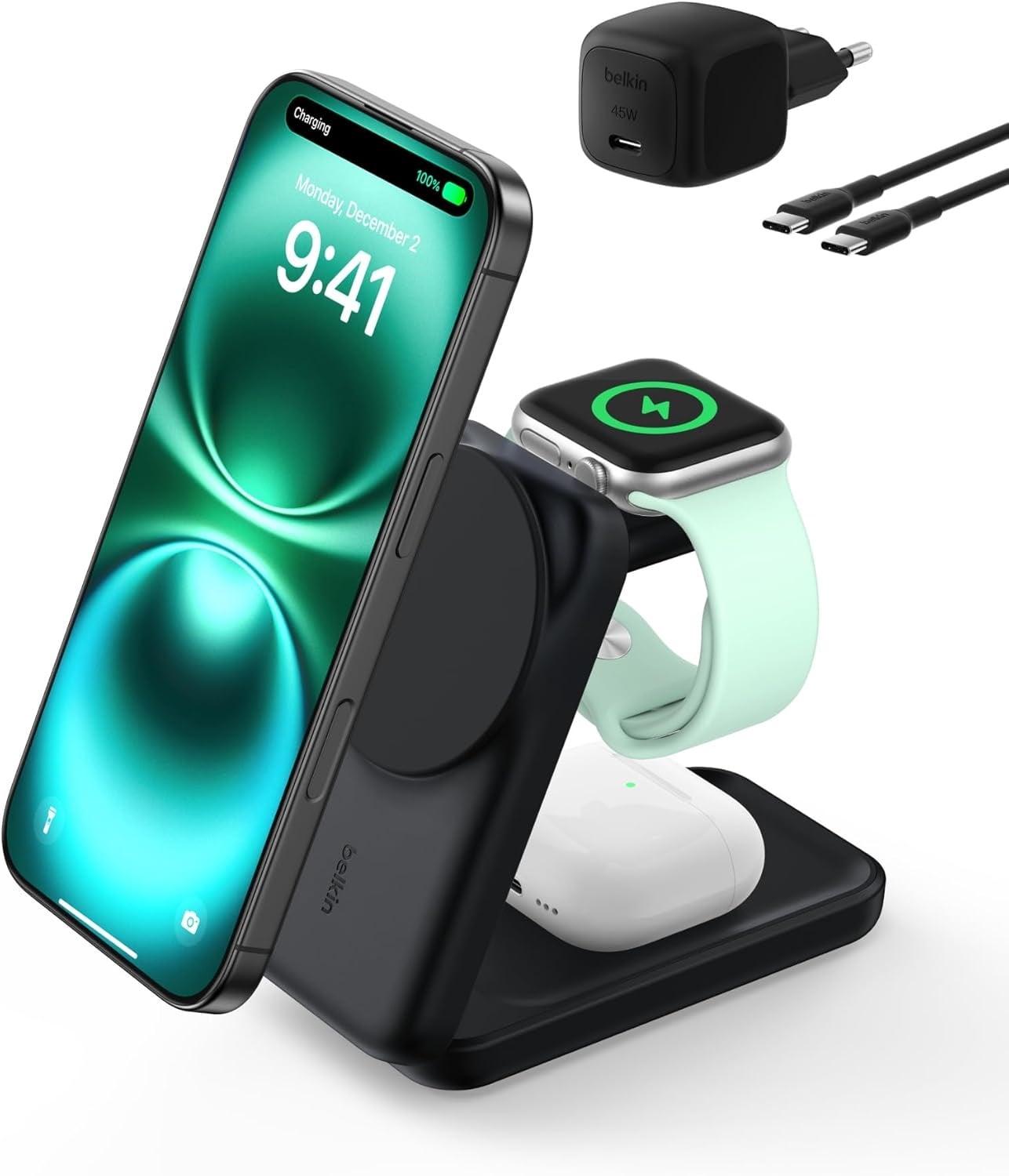 Belkin UltraCharge MagSafe Uyumlu 3'ü 1 Arada Qi2 25W Kablosuz Şarj Cihazı, 45W Adaptör, Siyah