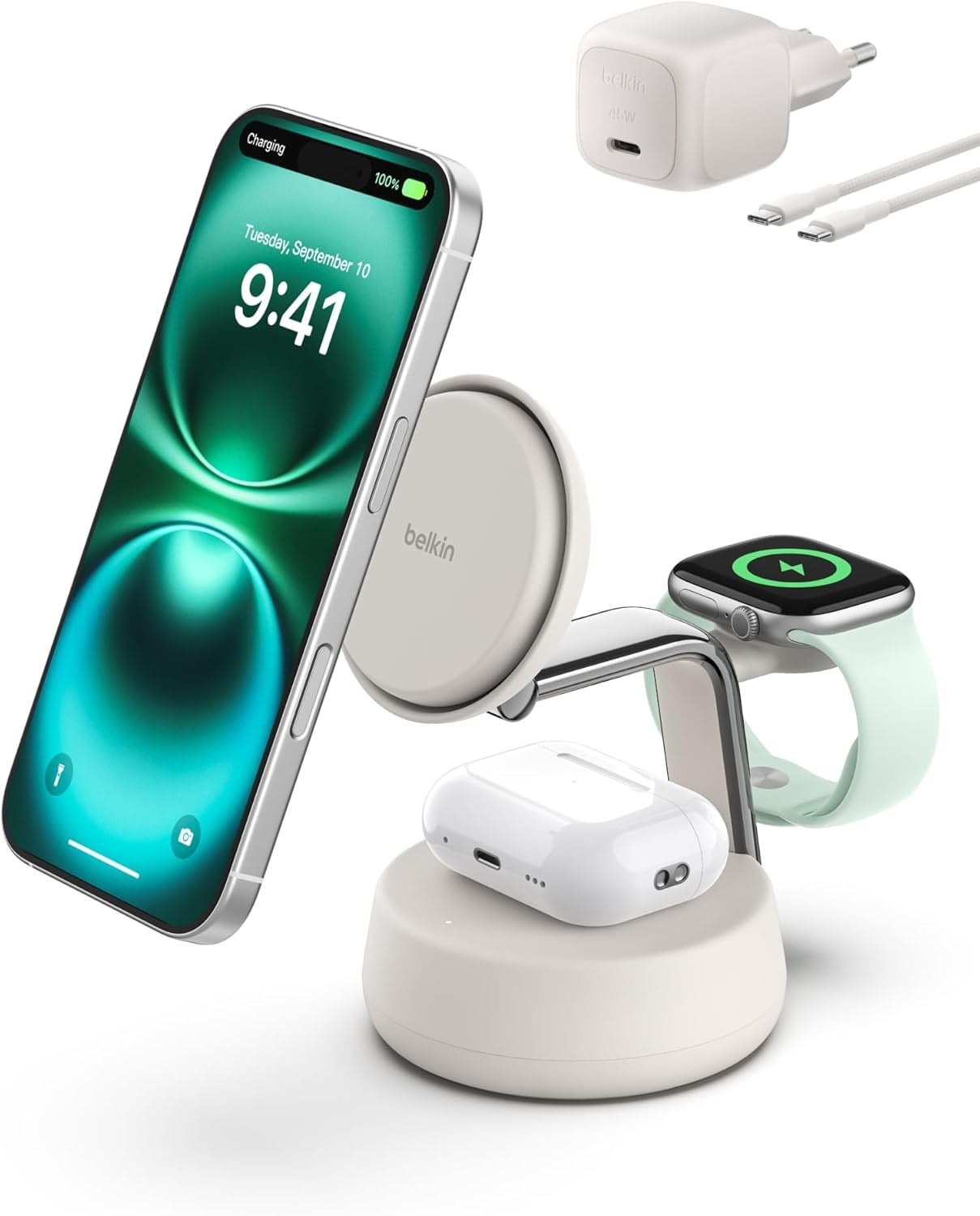 Belkin UltraCharge Pro MagSafe Uyumlu 3'ü 1 Arada Qi2 25W Kablosuz Şarj Cihazı, iPhone 17, Apple Watch, AirPods, Seyahat ve Masaüstü Standı, 45W Adaptör, Kum Rengi