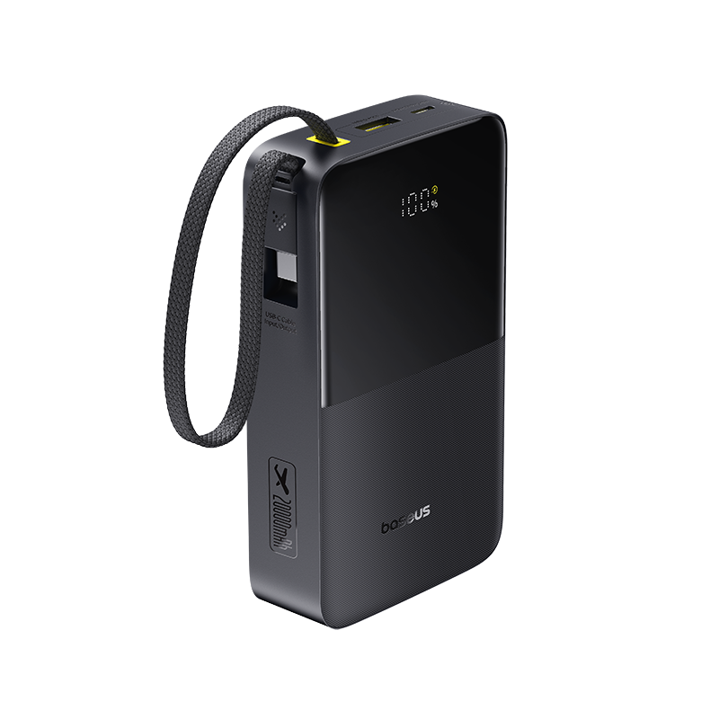 Baseus EnerFill Bipow2 Pro 20000mAh Dahili USB-C Kablolu, 22,5 W Hızlı Şarjlı, LED Ekranlı Powerbank, Siyah