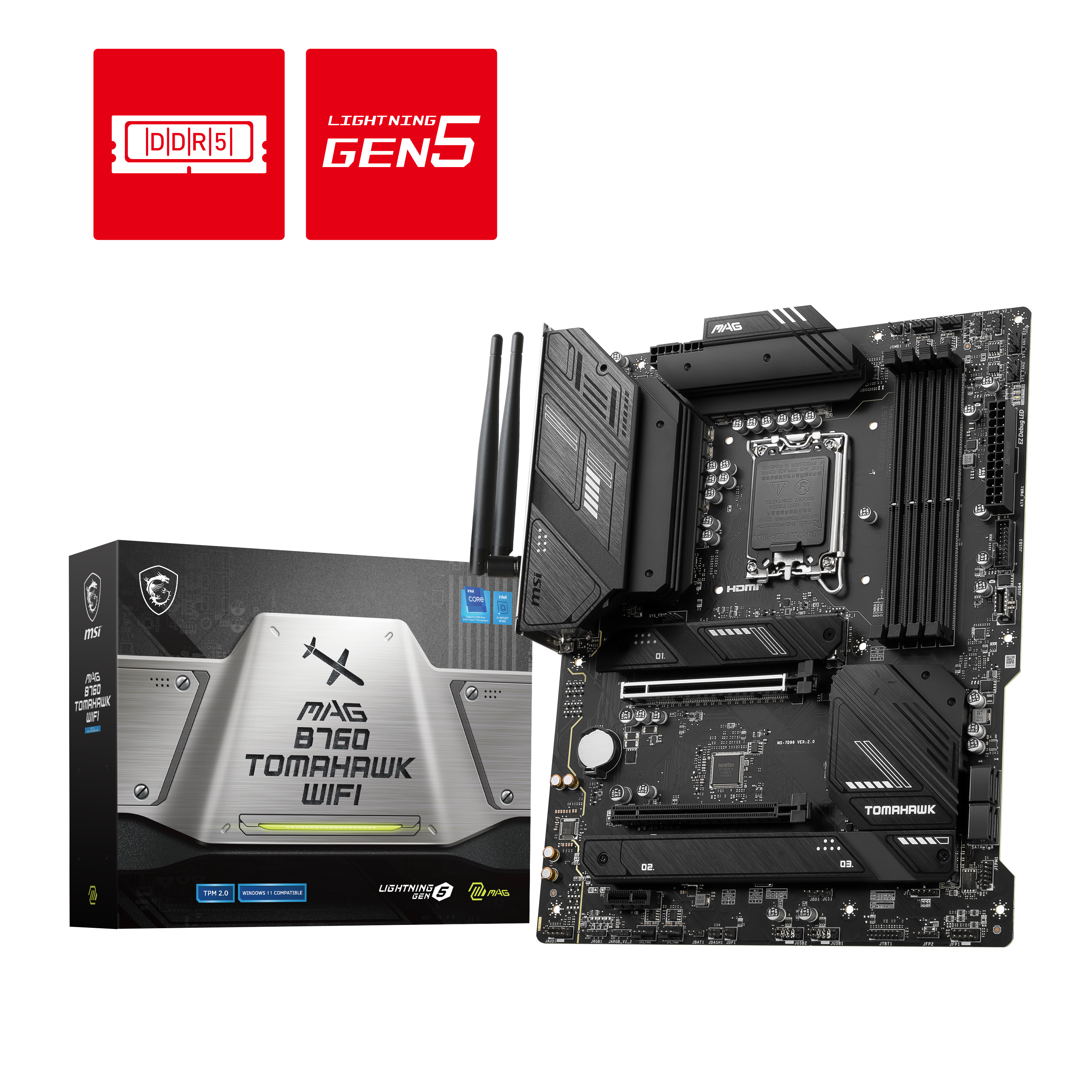 MSI MB MAG B760 TOMAHAWK WIFI SOKET 1700 DDR5 6400(OC) PCI-E Gen 5 3X M.2 USB3.2  1x 2.5G LAN  WI-FI 6 ATX