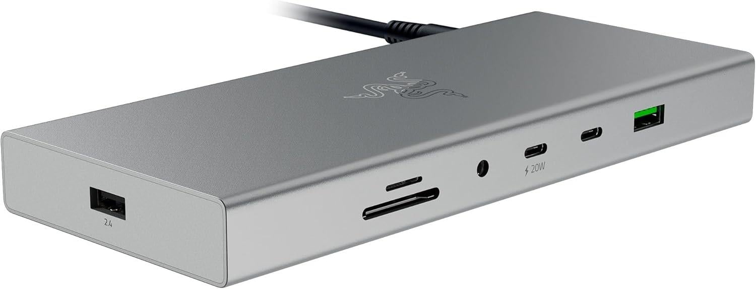 Razer USB 4 Dock - Oyun ve Üretkenlik için 14 Bağlantı Noktalı Yüksek Hızlı Dock - Çift Ekran Desteği, Cihaz Şarjı (3x USB-C, 5x USB-A, HDMI, DisplayPort, Gigabit Ethernet) Mercury