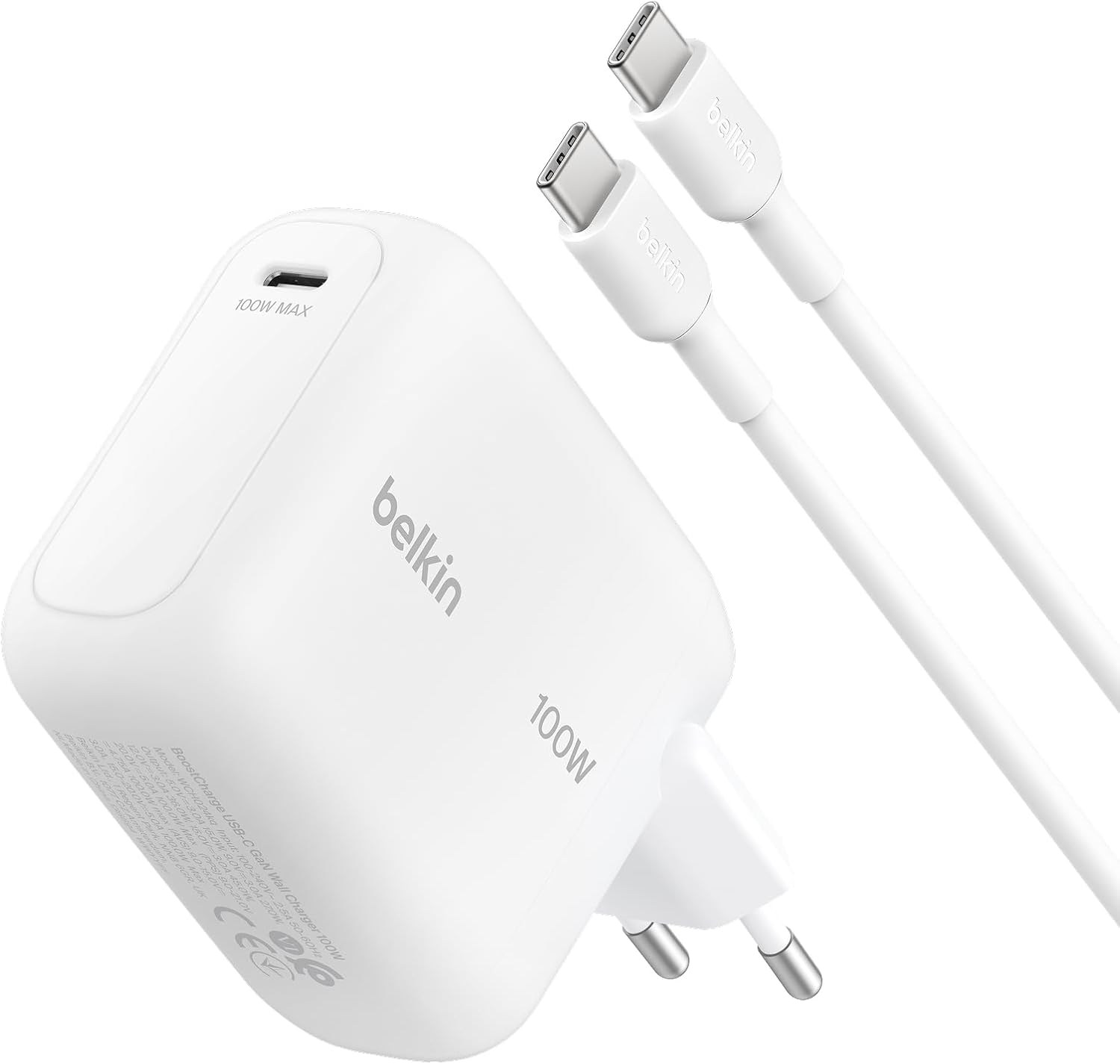 Belkin BoostCharge USB-C Fiş Tipi Şarj Cihazı 100 W, GaN Kompakt ve Katlanabilir MacBook ve İphone için Hızlı Şarj, 1,5 m USB-C Kablo dahil