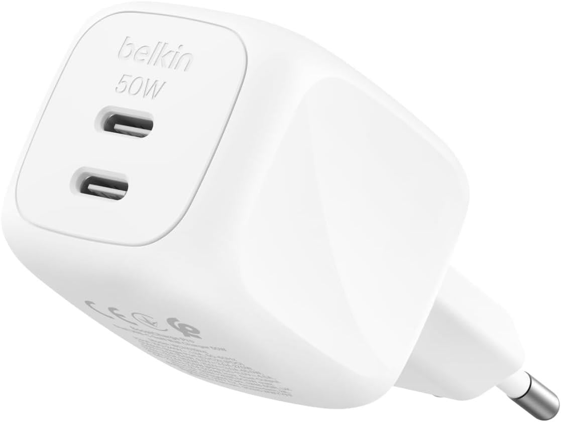 Belkin BoostCharge Pro 2 Bağlantı Noktalı USB-C GaN Şarj Cihazı 50 W, 2x USB-C, Beyaz