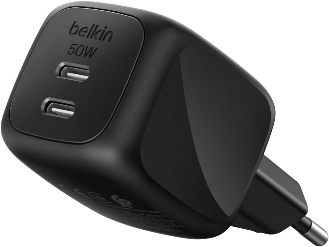 Belkin BoostCharge Pro 2 Bağlantı Noktalı USB-C GaN Şarj Cihazı 50 W, 2x USB-C, Siyah