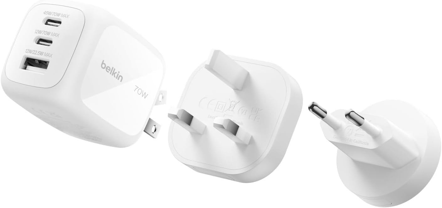 Belkin 3 Bağlantı Noktalı USB-C Şarj Cihazı, 70 W, 2x USB-C ve 1x USB-A GaN