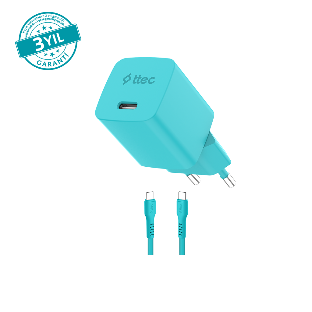 ttec SmartCharger GAN 45W AVS PD Seyahat Hızlı Şarj Aleti + USB-C - USB-C 3A Kablo Neon Neon Mavi