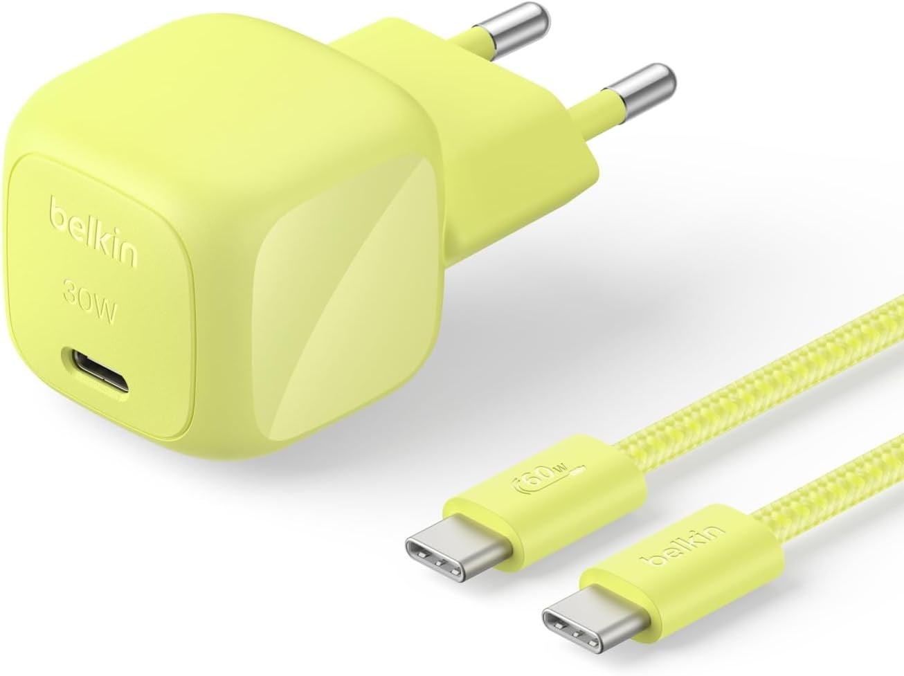 Belkin BoostCharge 30 W USB-C GaN Şarj Cihazı + 2 m Örgülü USB-C Kablo dahil, Yeşil