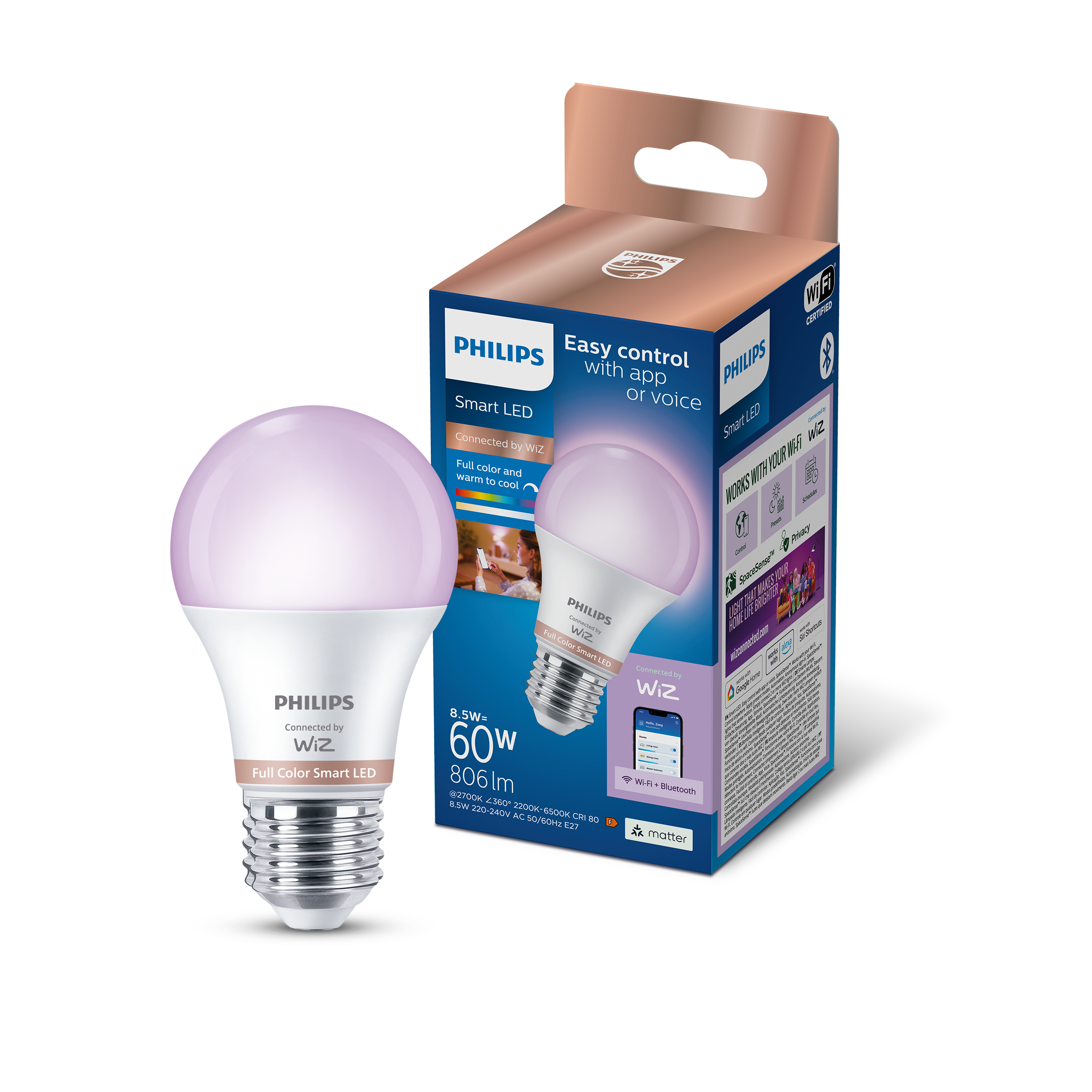 Philips Smart Lighting LED Ampul A60 E27 60W Eşdeğer RGB - Google Home, Alexa, HomeKit ve Matter uyumlu