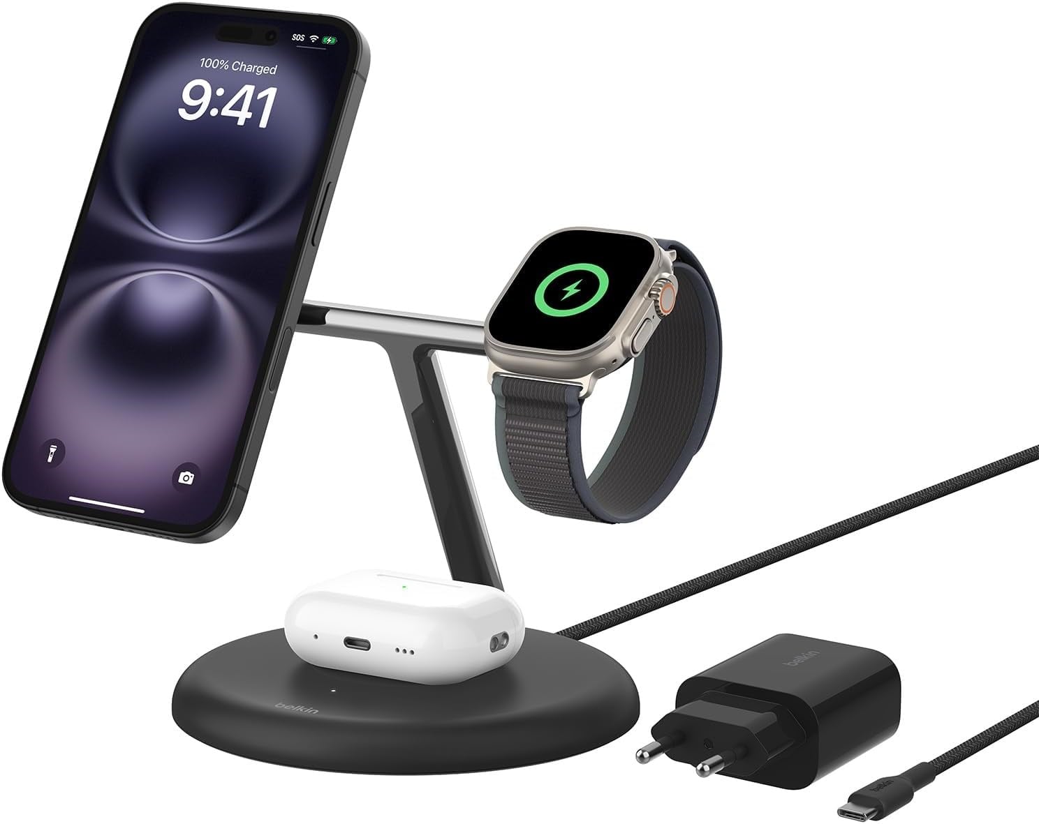 Belkin 3'ü 1 Arada Manyetik MagSafe Uyumlu Qi2 15W Kablosuz Şarj Standı, WIZ023VFBK