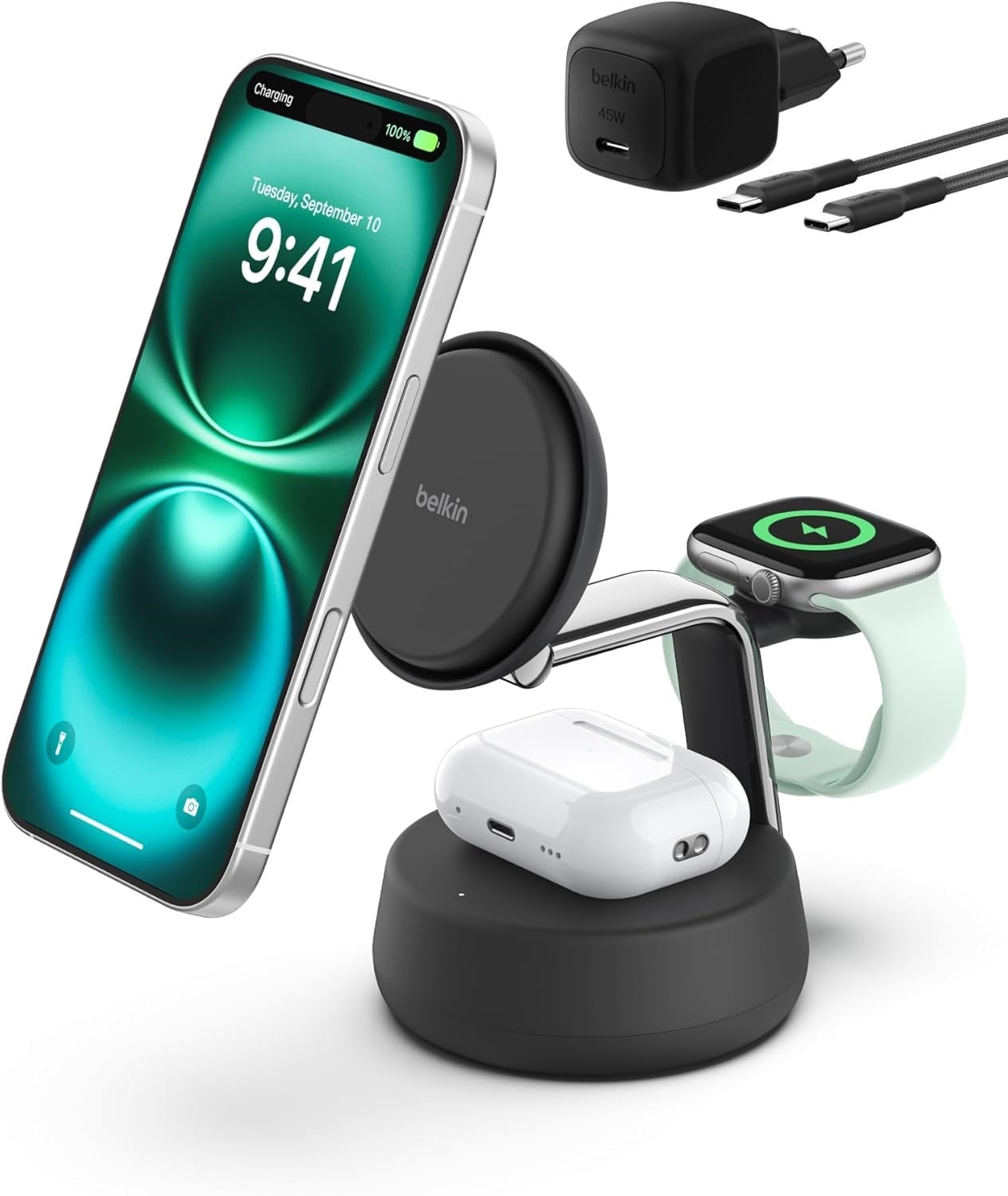 Belkin UltraCharge Pro MagSafe Uyumlu 3'ü 1 Arada Qi2 25W Kablosuz Şarj Cihazı, iPhone 17, Apple Watch, AirPods, Seyahat ve Masaüstü Standı, 45W Adaptör, Siyah