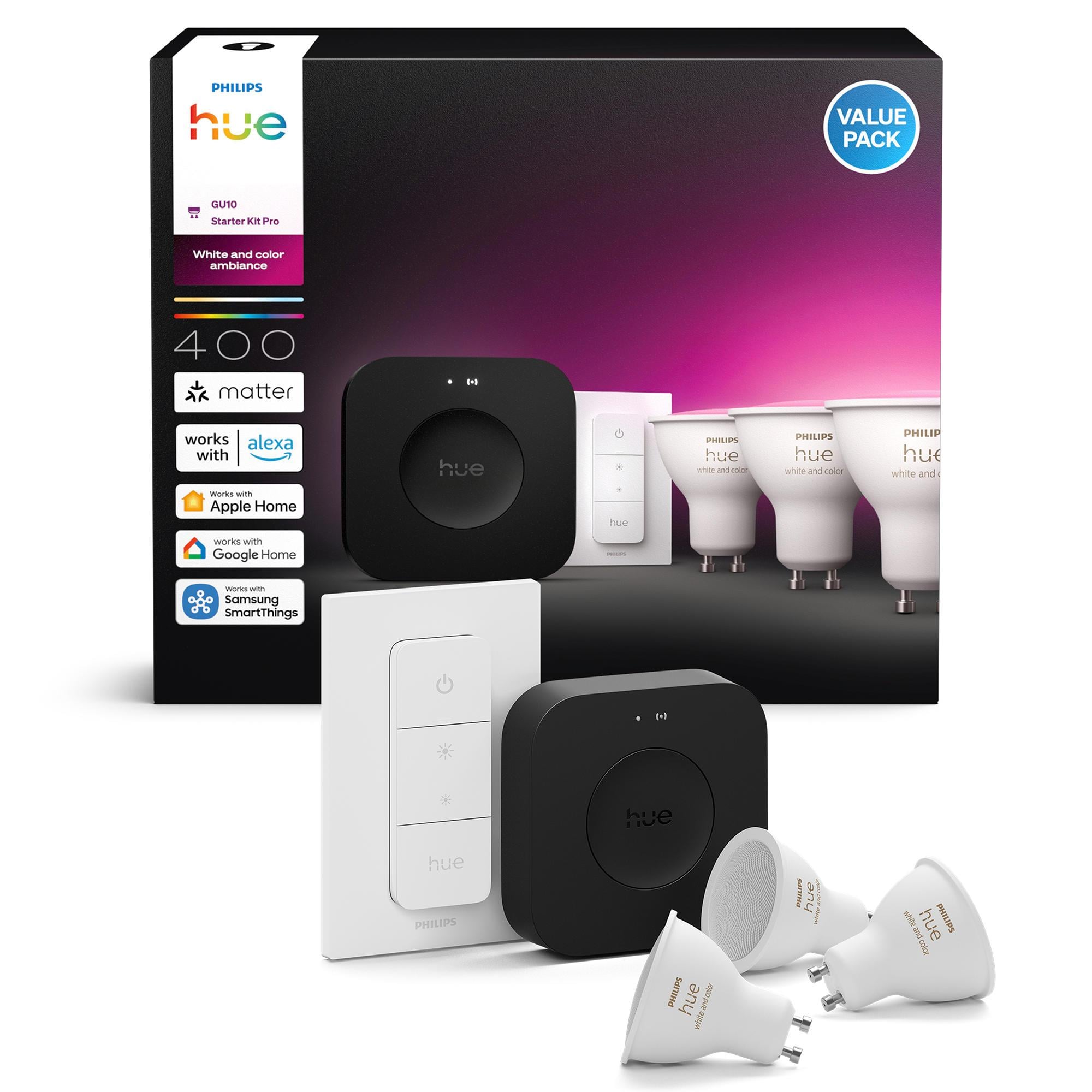 Philips Hue GU10 3'lü Spot Başlangıç Seti, Bridge Pro ve Dimmer Switch dahildir.