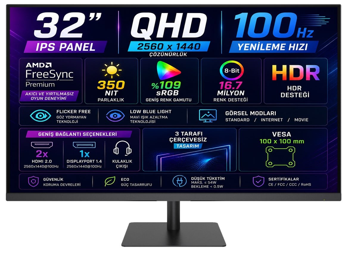 KTC H32T13 32” 5ms 100 Hz (HDMI+DisplayPort) AMD FreeSync 2K QHD (2560x1440) IPS Panel Monitör