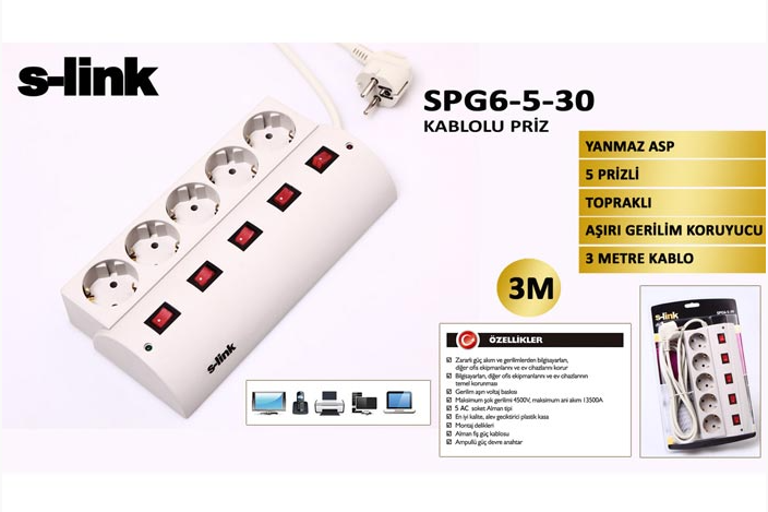 S-link SPG6-5-30 3m 5Li Akım Korumalı Anahtarlı Priz