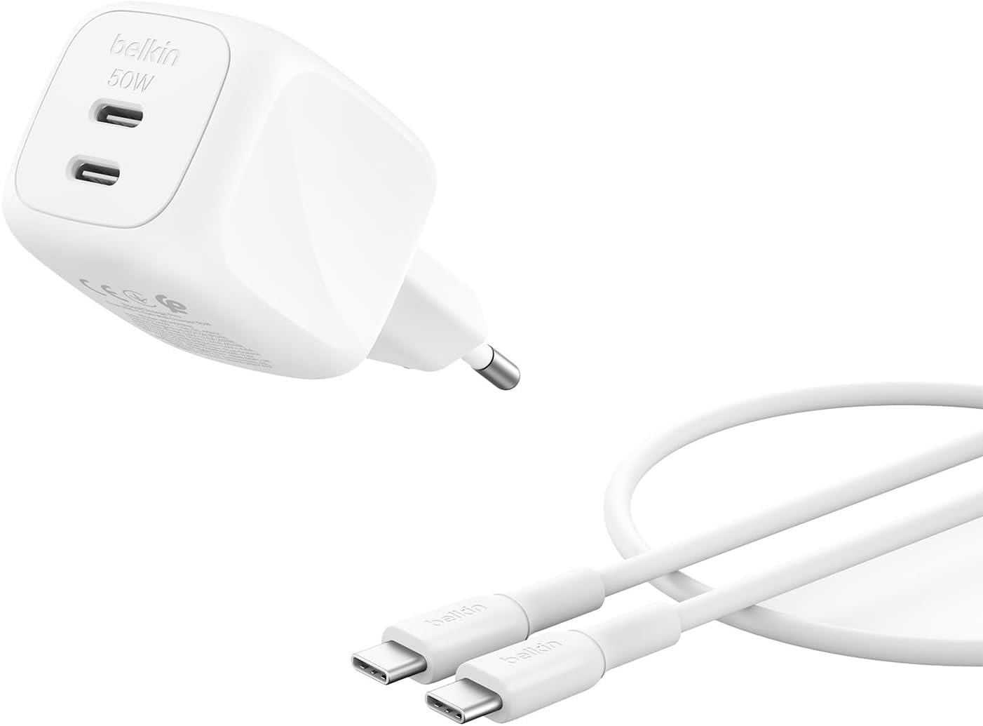 Belkin SmartProtect 2 Portlu USB-C GaN Şarj Cihazı 50 W, 1M USB-C Kablo Dahil