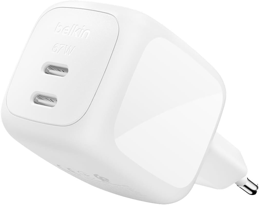 Belkin BoostCharge Pro 2 Bağlantı Noktalı USB-C GaN Şarj Cihazı 67 W, 2x USB-C, Beyaz