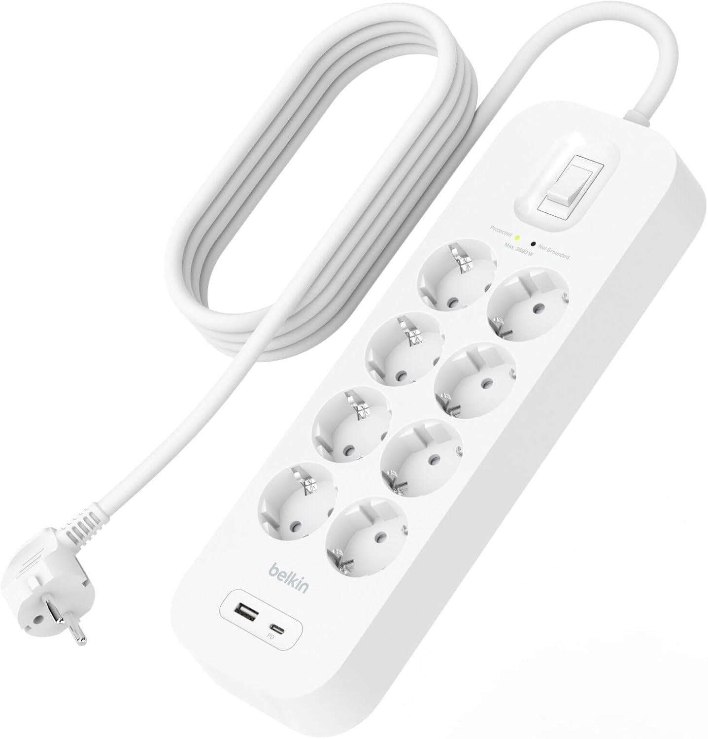 Belkin 8'li Çoklu Priz, Yüksek gerilim korumalı, duvara montaj, Hızlı şarj için USB C PD'li USB-C ve USB-A