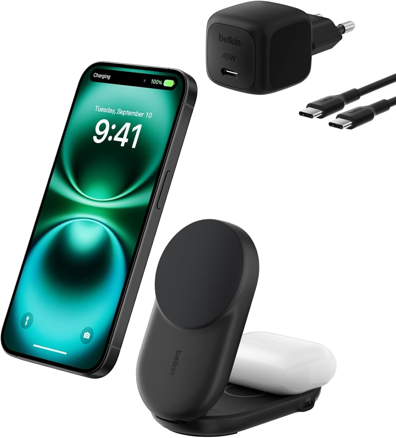 Belkin UltraCharge MagSafe Uyumlu 2'si 1 Arada Qi2 25W Kablosuz Şarj İstasyonu, USB-C Portlu, 45W Adaptör, Siyah