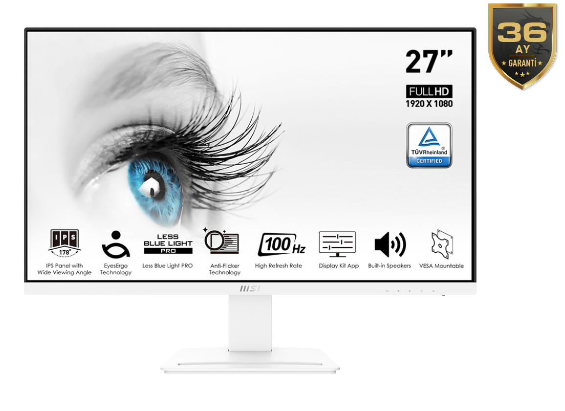 MSI 27 PRO MP273AW 1920x1080 (FHD) FLAT IPS 100HZ 1MS ANTI-GLARE BEYAZ MONITOR