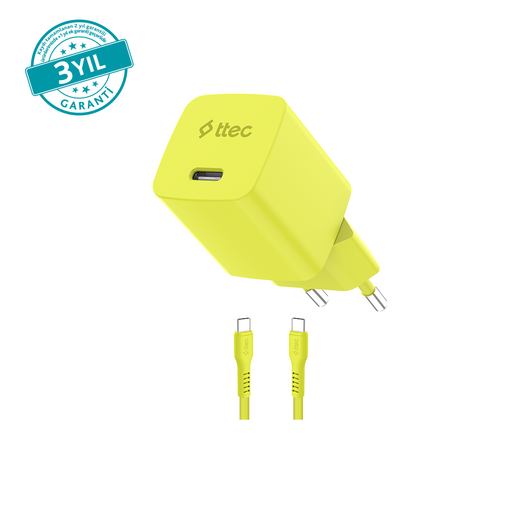 ttec SmartCharger GAN 45W AVS PD Seyahat Hızlı Şarj Aleti + USB-C - USB-C 3A Kablo Neon Neon Sarı