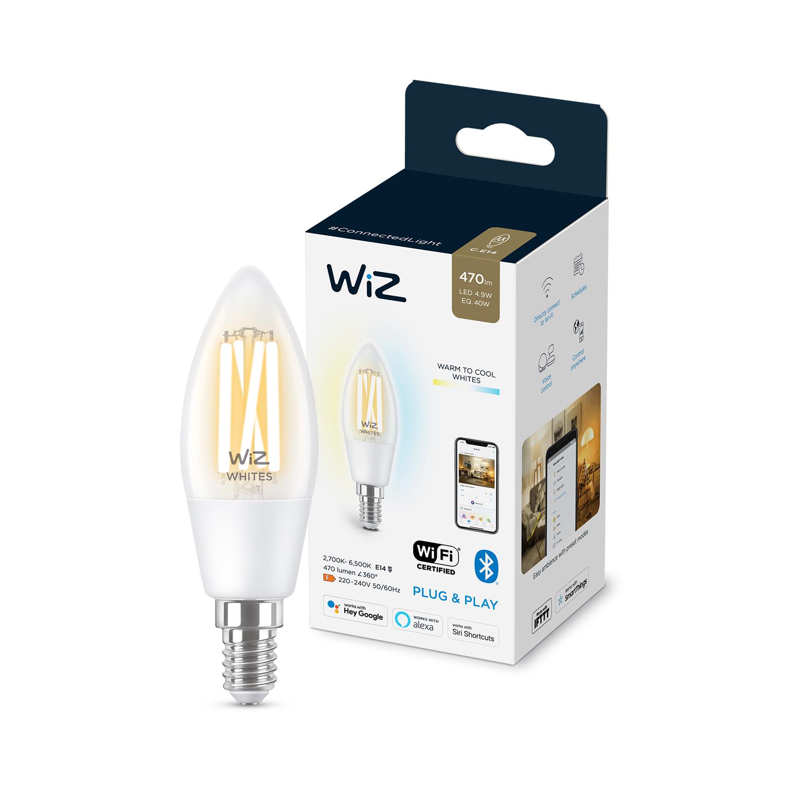 WIZ Wi-fi Filam. Şeffaf Cam Beyaz Amb. 4,9-40w C35 E14 Akl. Ampul - 929003017601