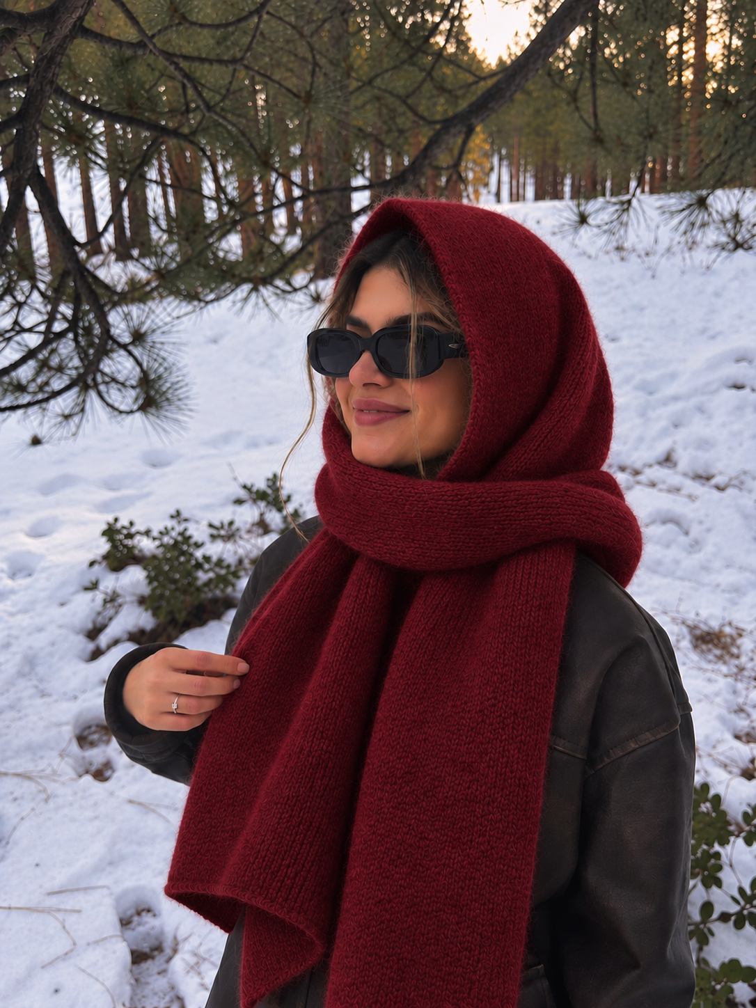 Örgü bordo atkı balaklava  