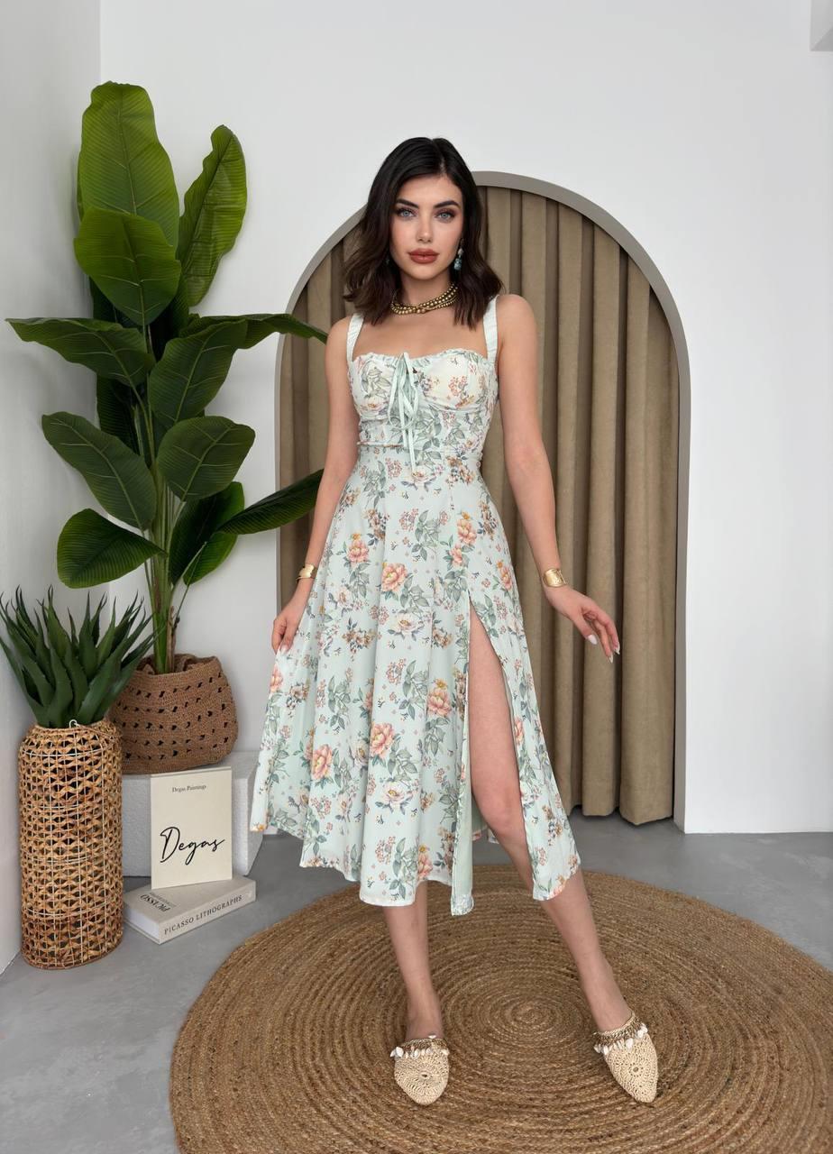 Çiçek Desenli Askılı Midi Elbise