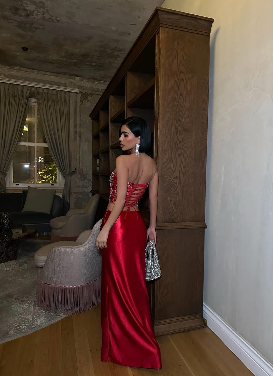 Kuş Gözü Bağlamalı Kristal Taş Detaylı Straplez Takım