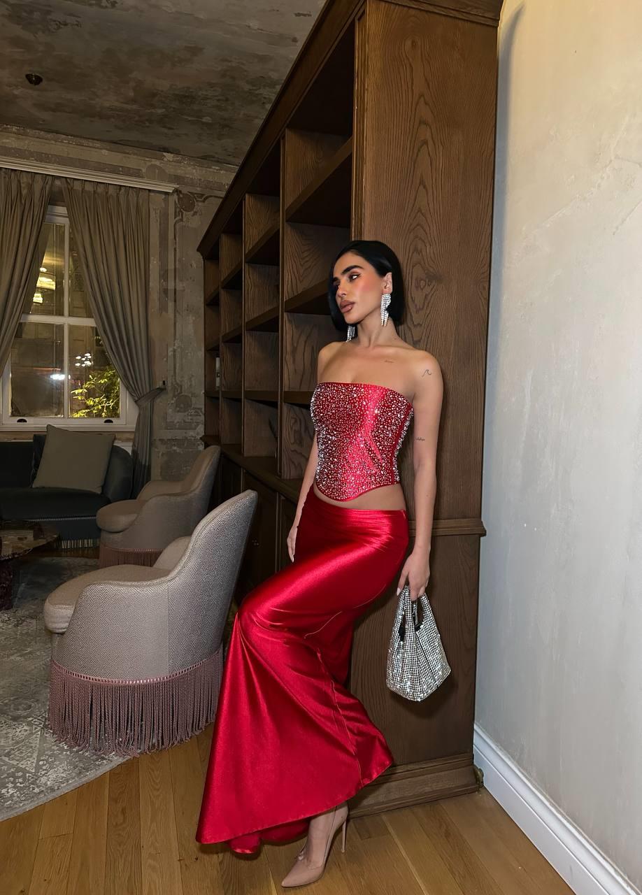 Kuş Gözü Bağlamalı Kristal Taş Detaylı Straplez Takım