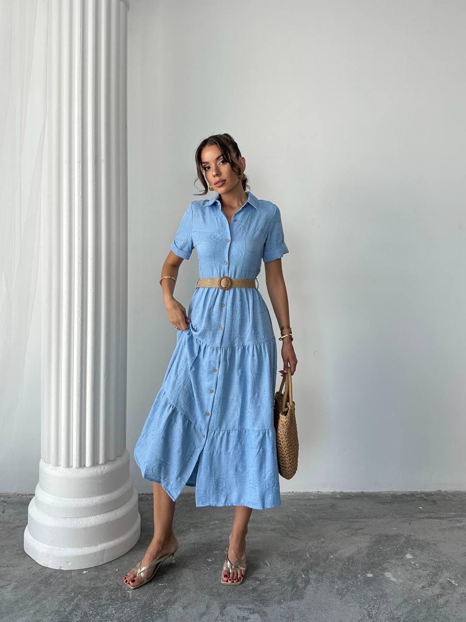 Sofya Keten Kemerli Mİdi Elbise