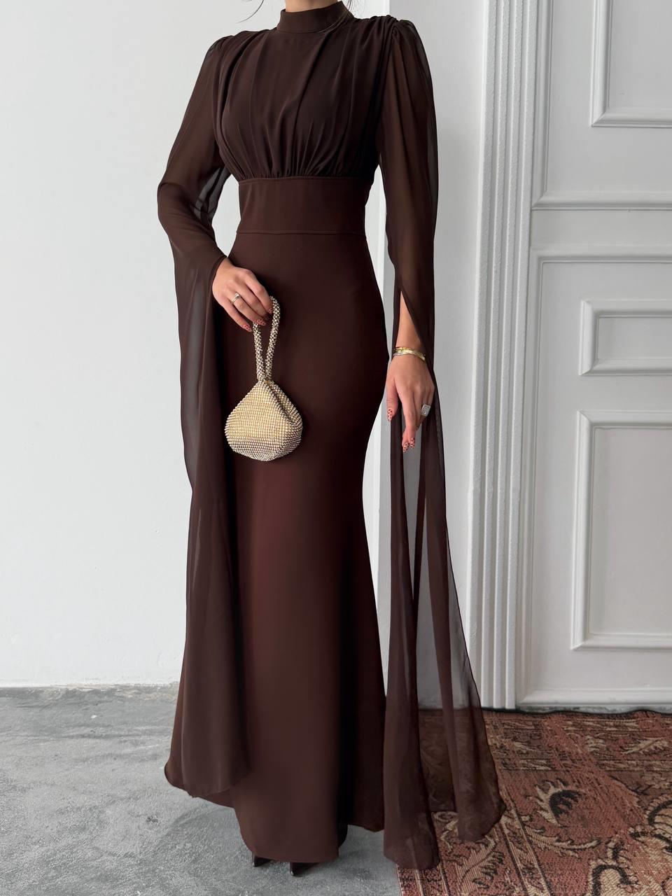 Karen Tül Kol Korsaj Bağlamalı Uzun Elbise