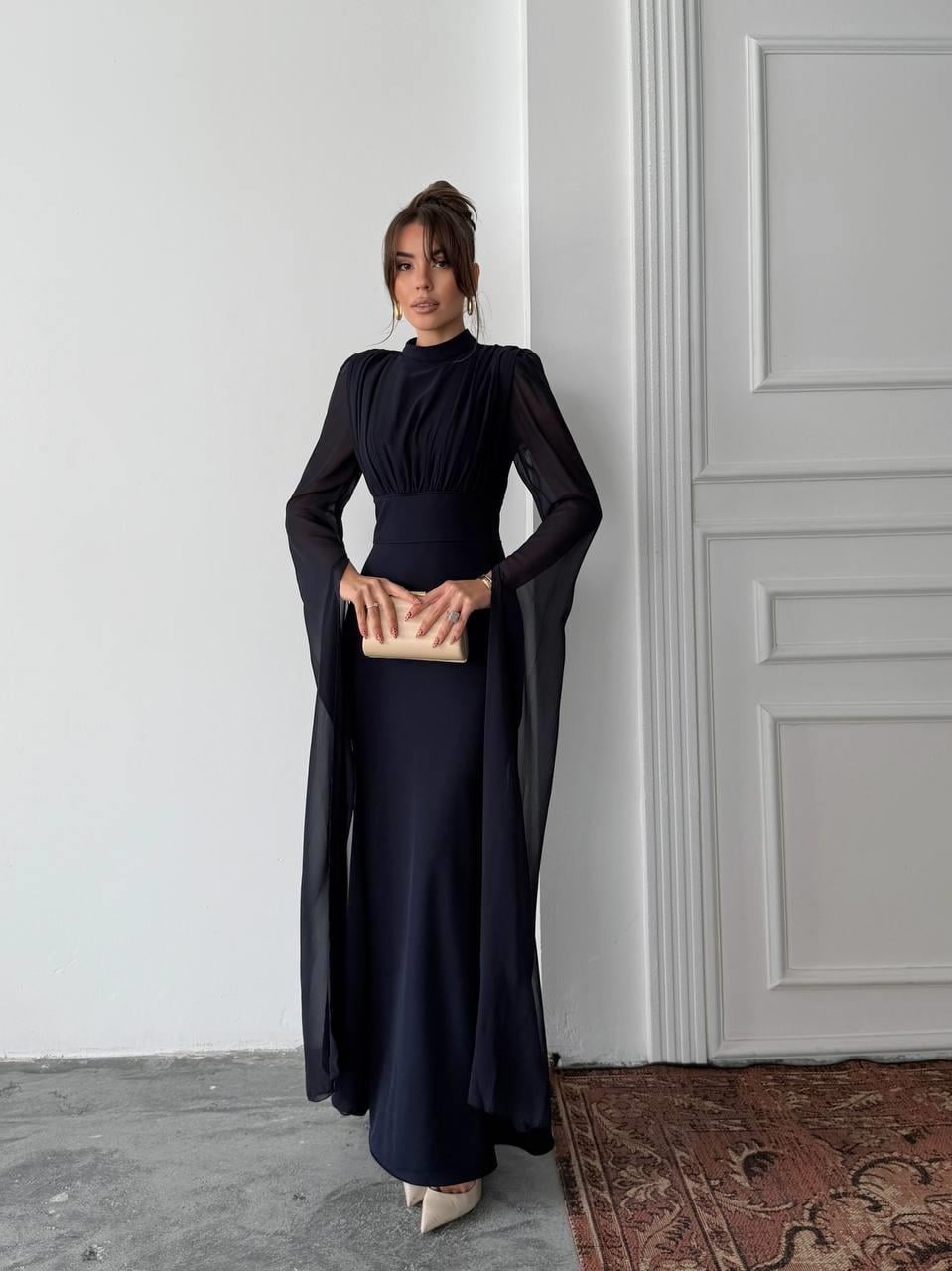 Karen Tül Kol Korsaj Bağlamalı Uzun Elbise